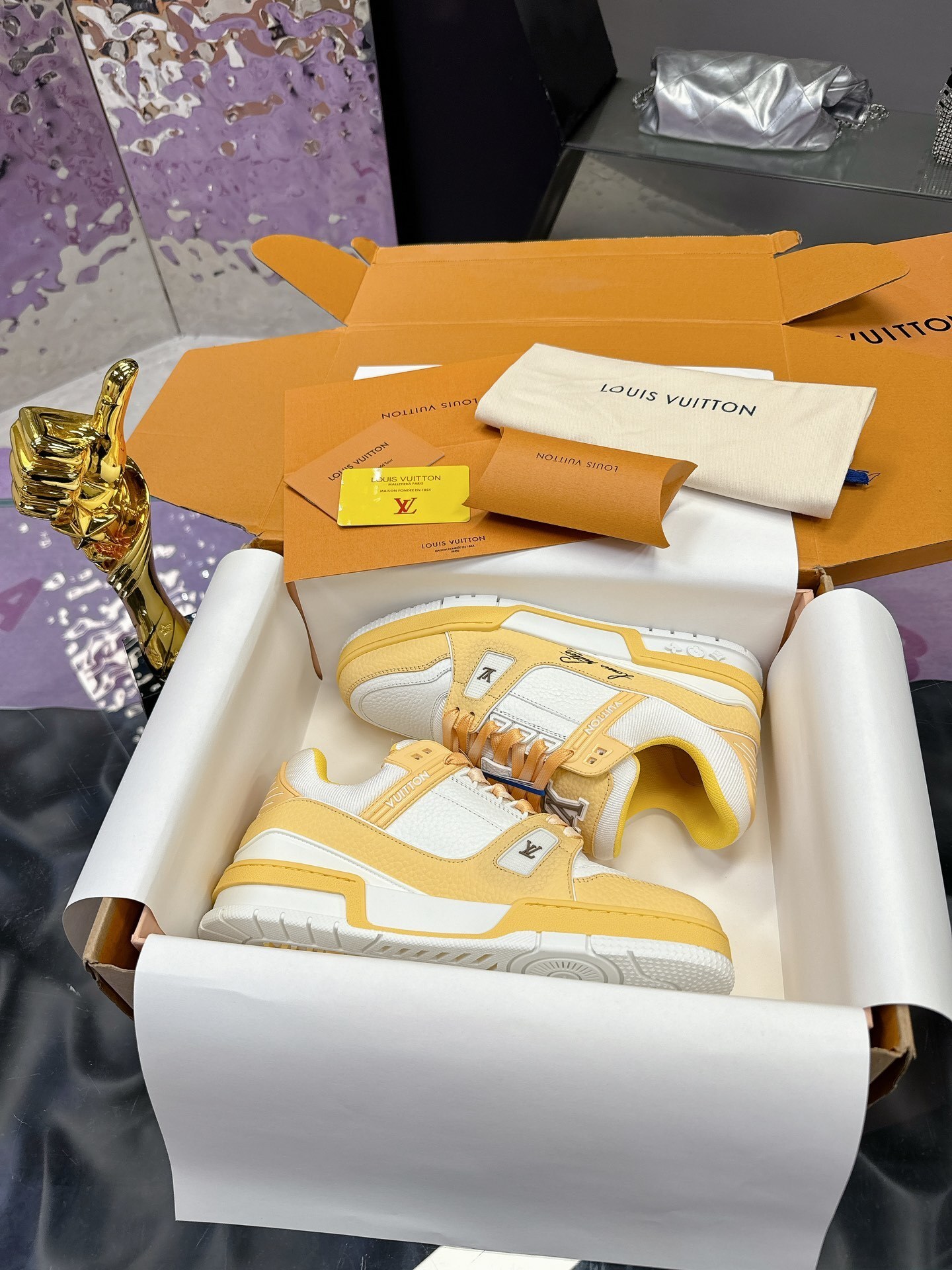 Louis Vuitton LV Trainer Sneaker Yellow White Grained Leather