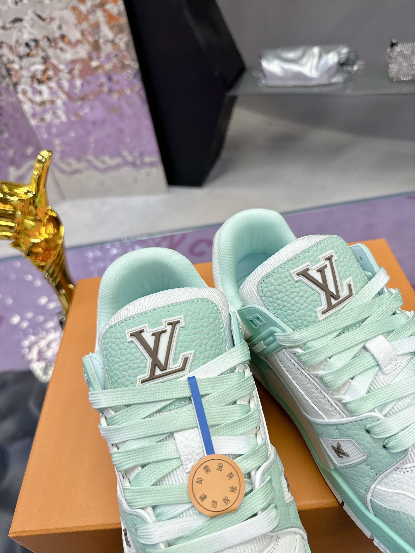 Louis Vuitton LV Trainer Sneaker White Mint Green Luxury Footwear