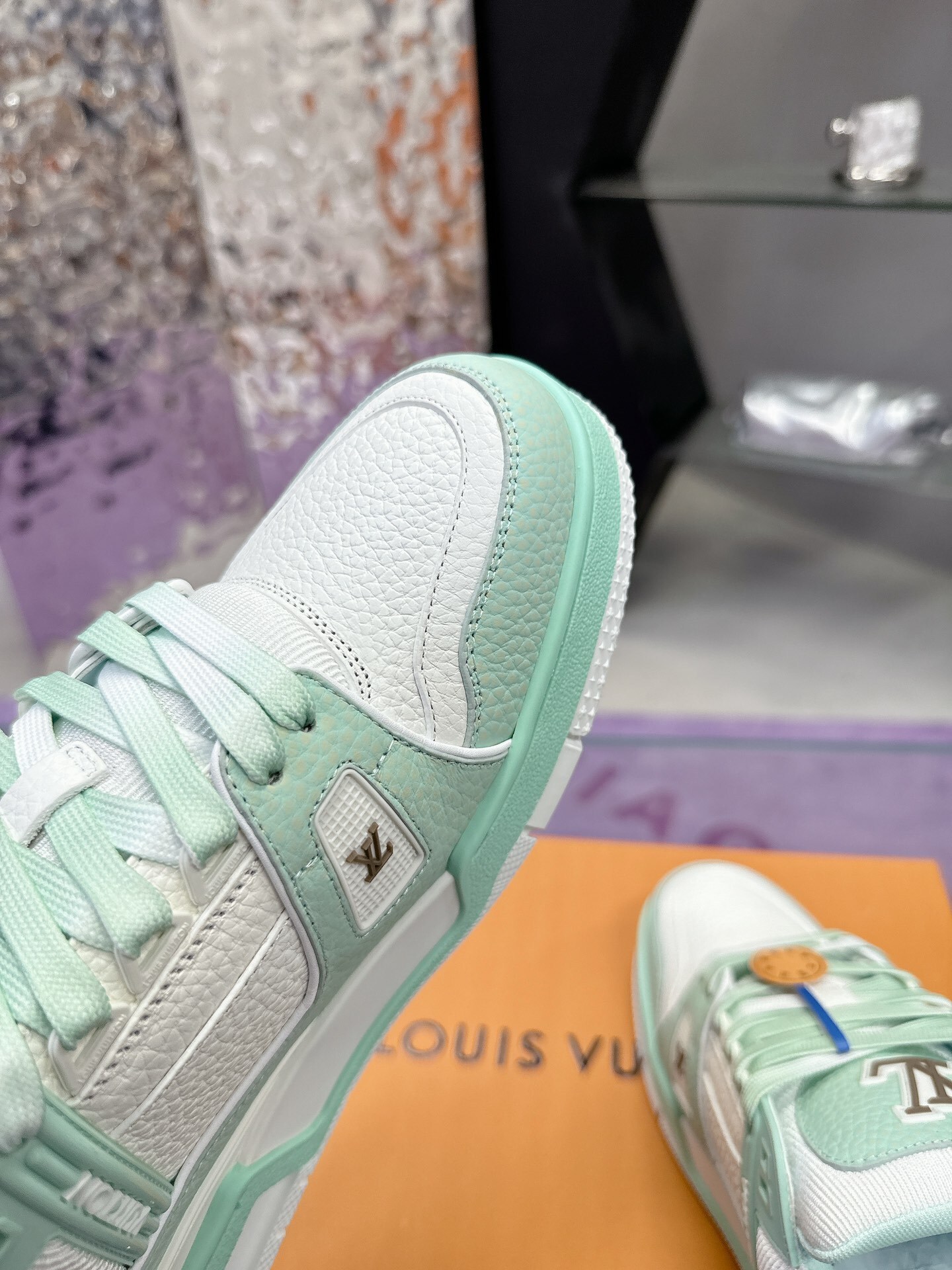 Louis Vuitton LV Trainer Sneaker White Mint Green Luxury Footwear