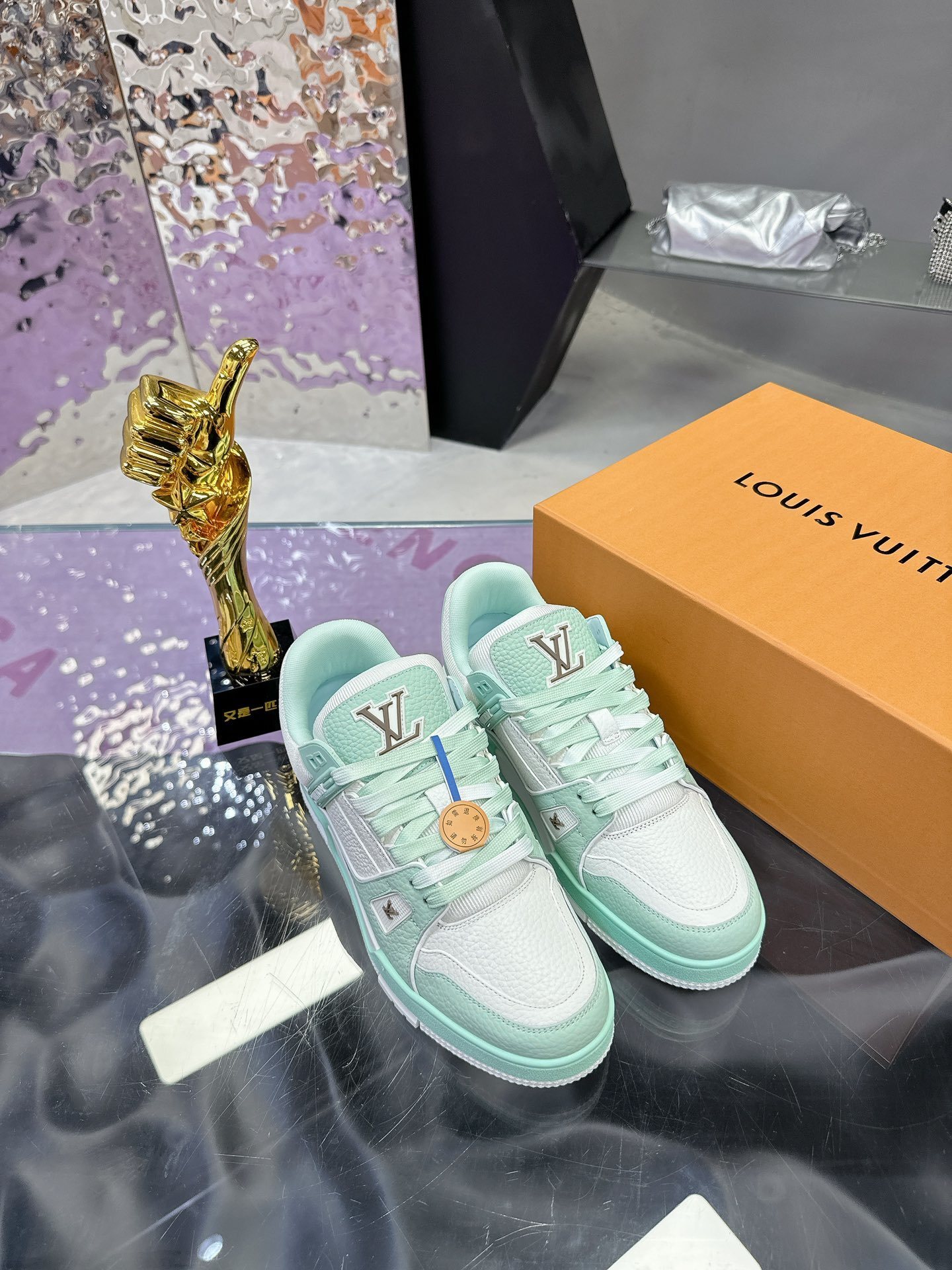 Louis Vuitton LV Trainer Sneaker White Mint Green Luxury Footwear