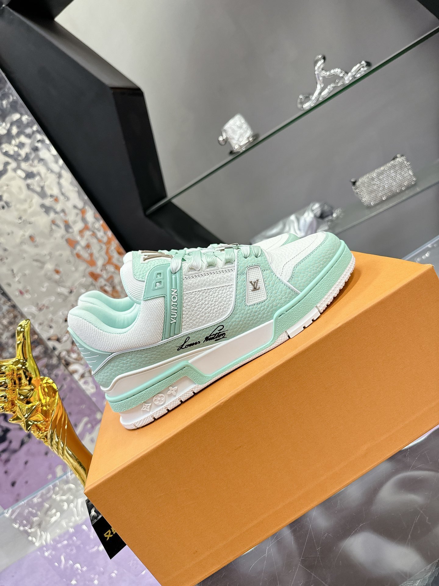 Louis Vuitton LV Trainer Sneaker White Mint Green Luxury Footwear