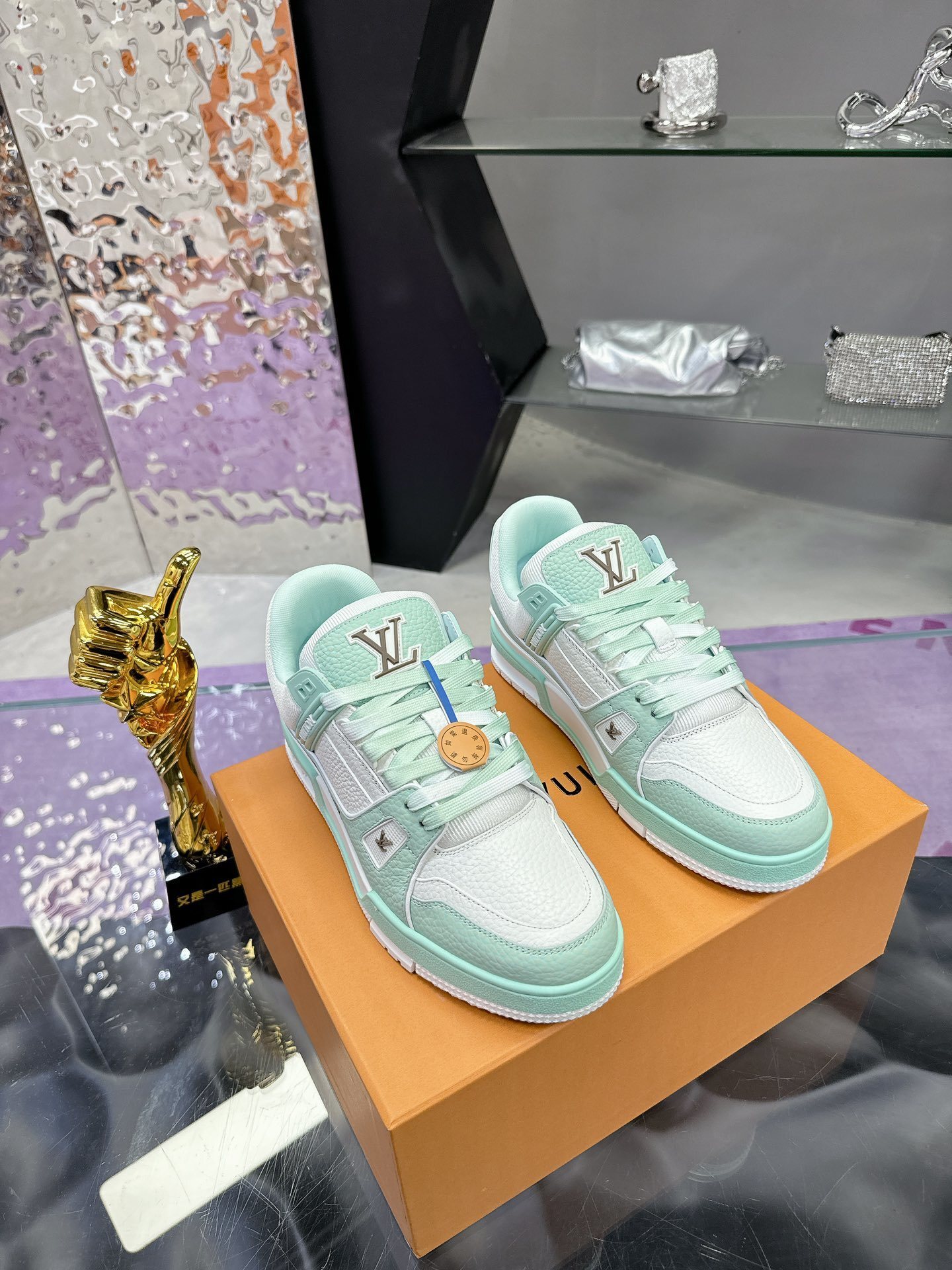 Louis Vuitton LV Trainer Sneaker White Mint Green Luxury Footwear