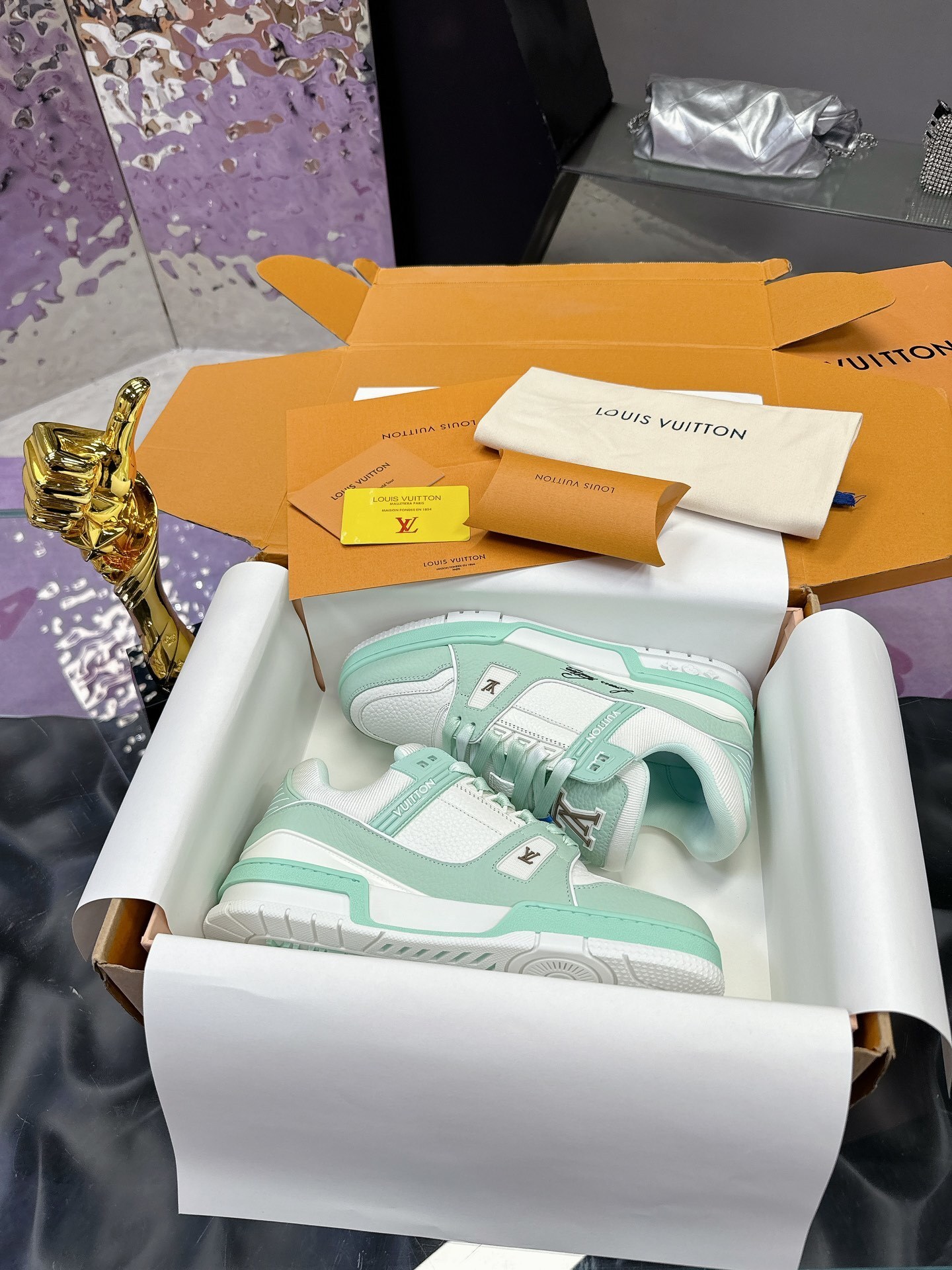Louis Vuitton LV Trainer Sneaker White Mint Green Luxury Footwear