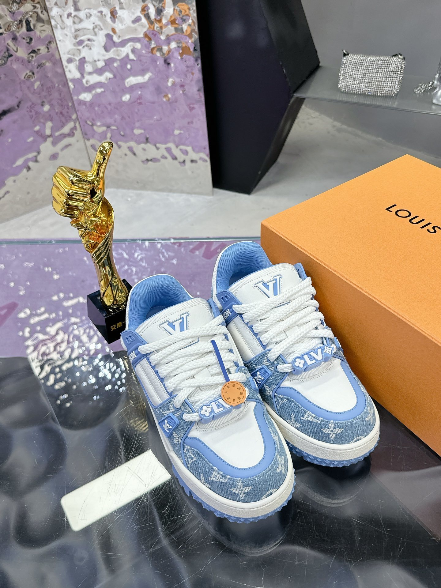 Louis Vuitton LV Trainer Sneaker Blue Monogram Denim & White