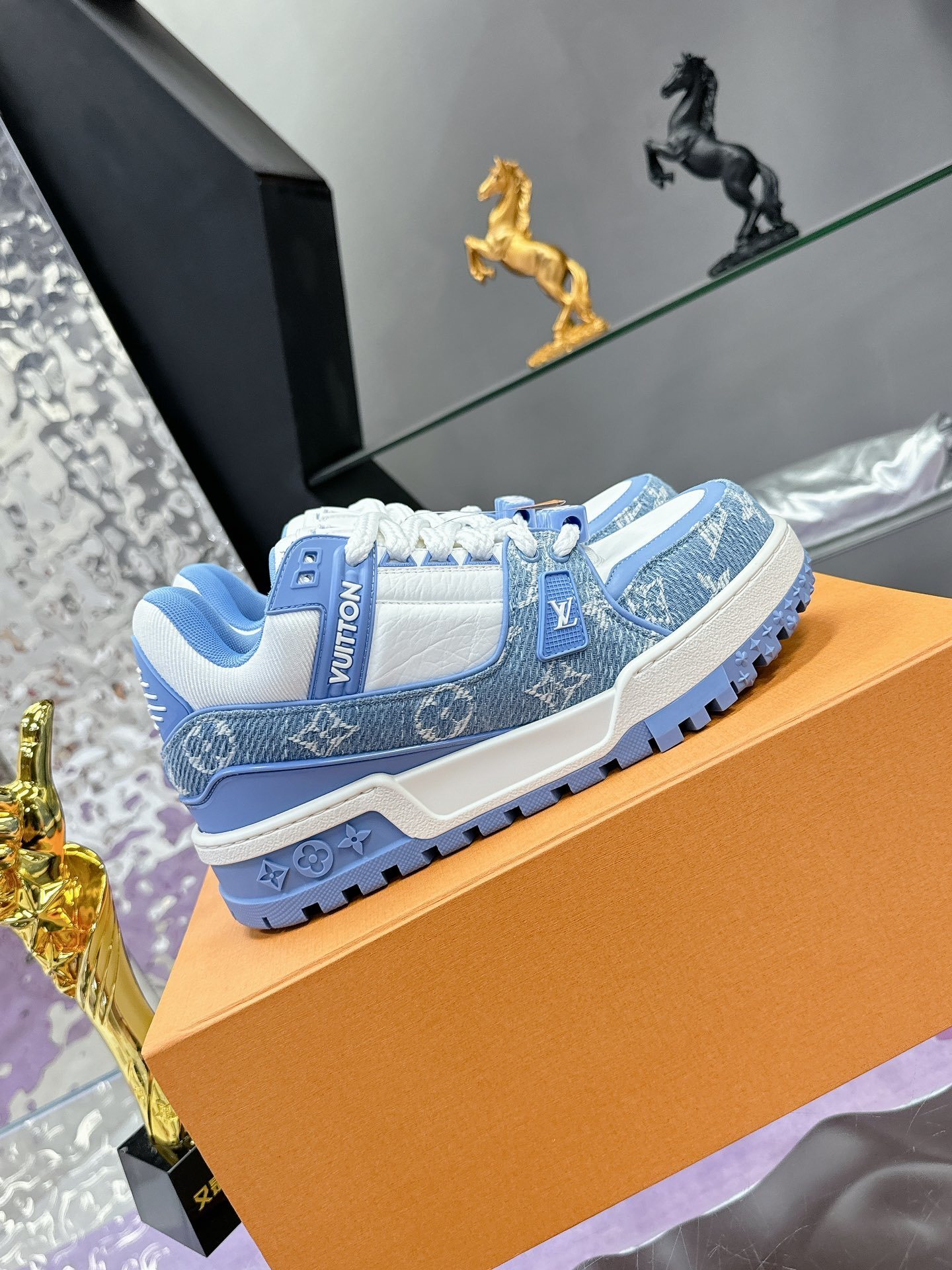 Louis Vuitton LV Trainer Sneaker Blue Monogram Denim & White