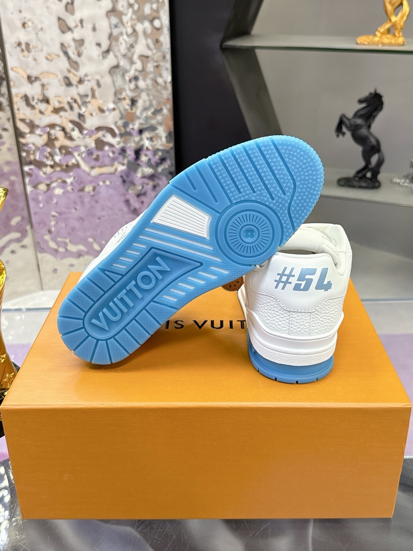 Louis Vuitton LV Trainer Sneaker White/Blue Grained Leather