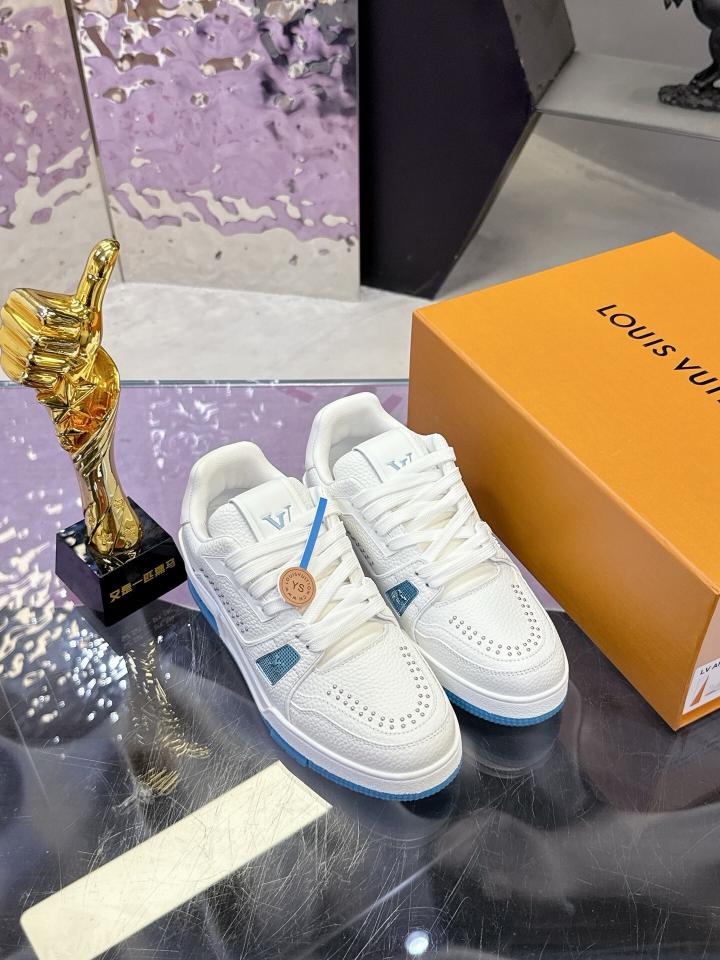Louis Vuitton LV Trainer Sneaker White/Blue Grained Leather