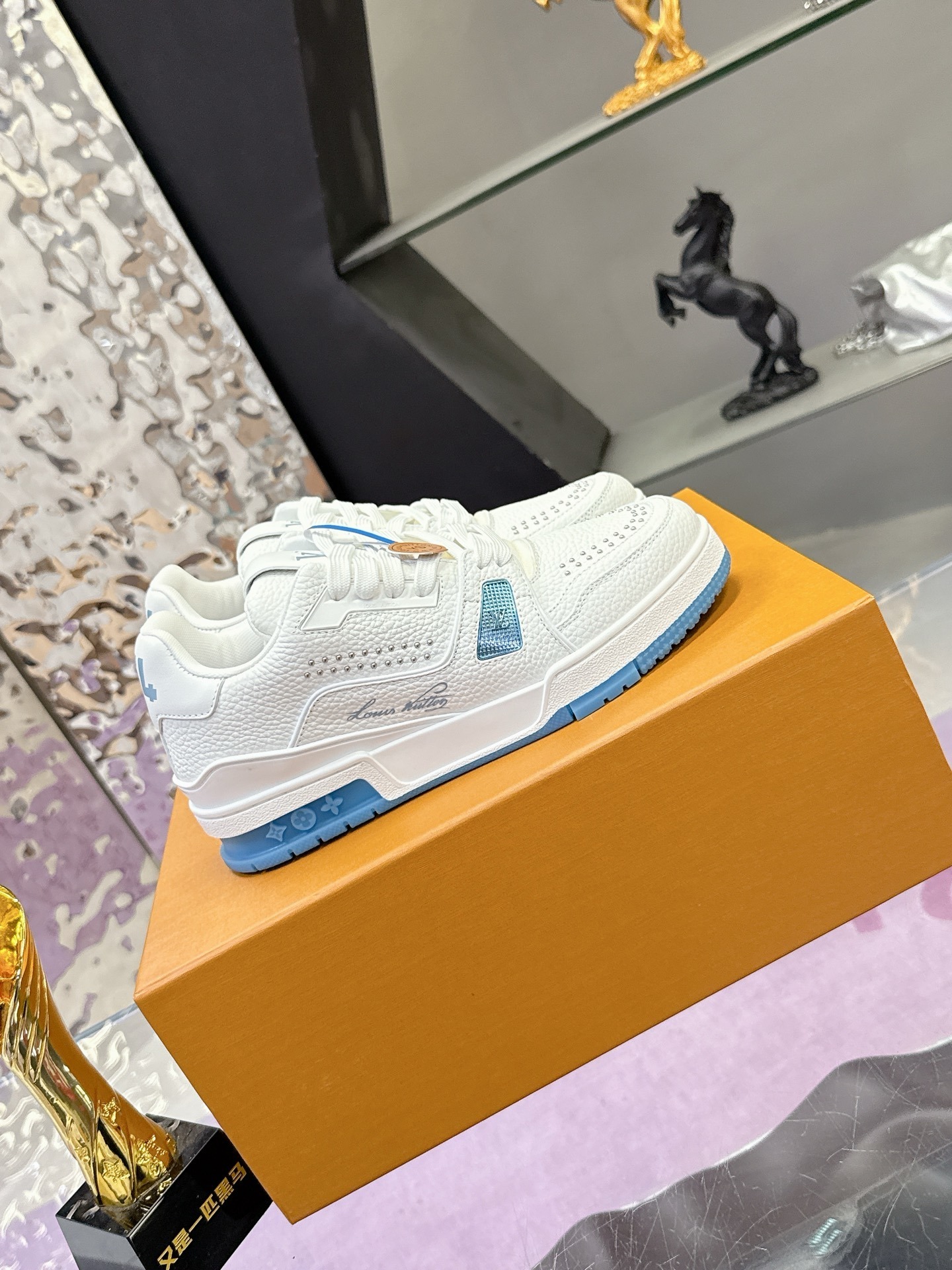 Louis Vuitton LV Trainer Sneaker White/Blue Grained Leather