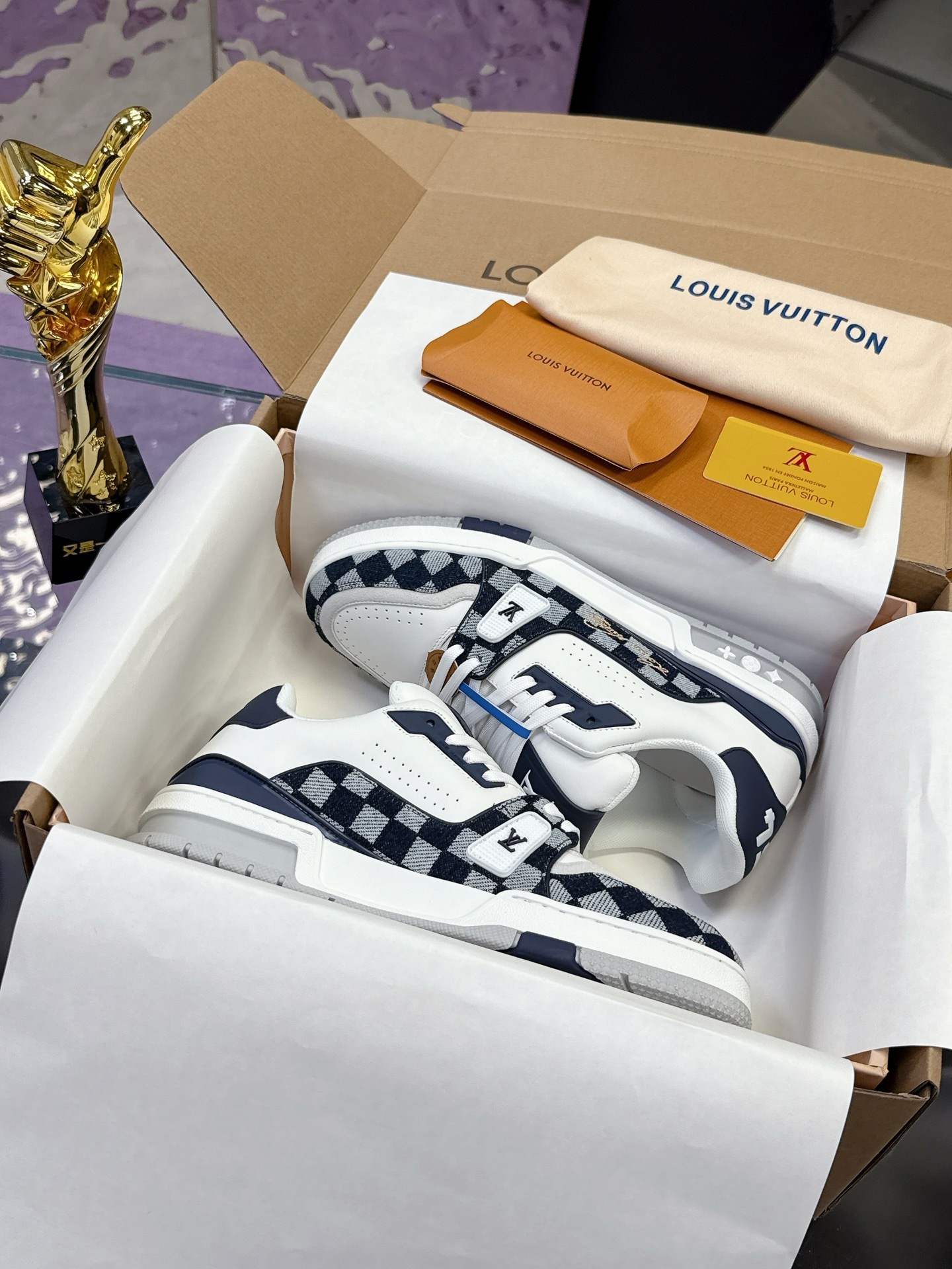 Louis Vuitton LV Trainer Sneakers – White & Navy Damier Pattern