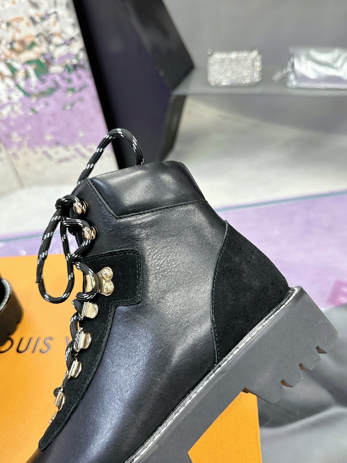 Louis Vuitton Women's Black Leather Combat Boots - Designer Ankle Boots