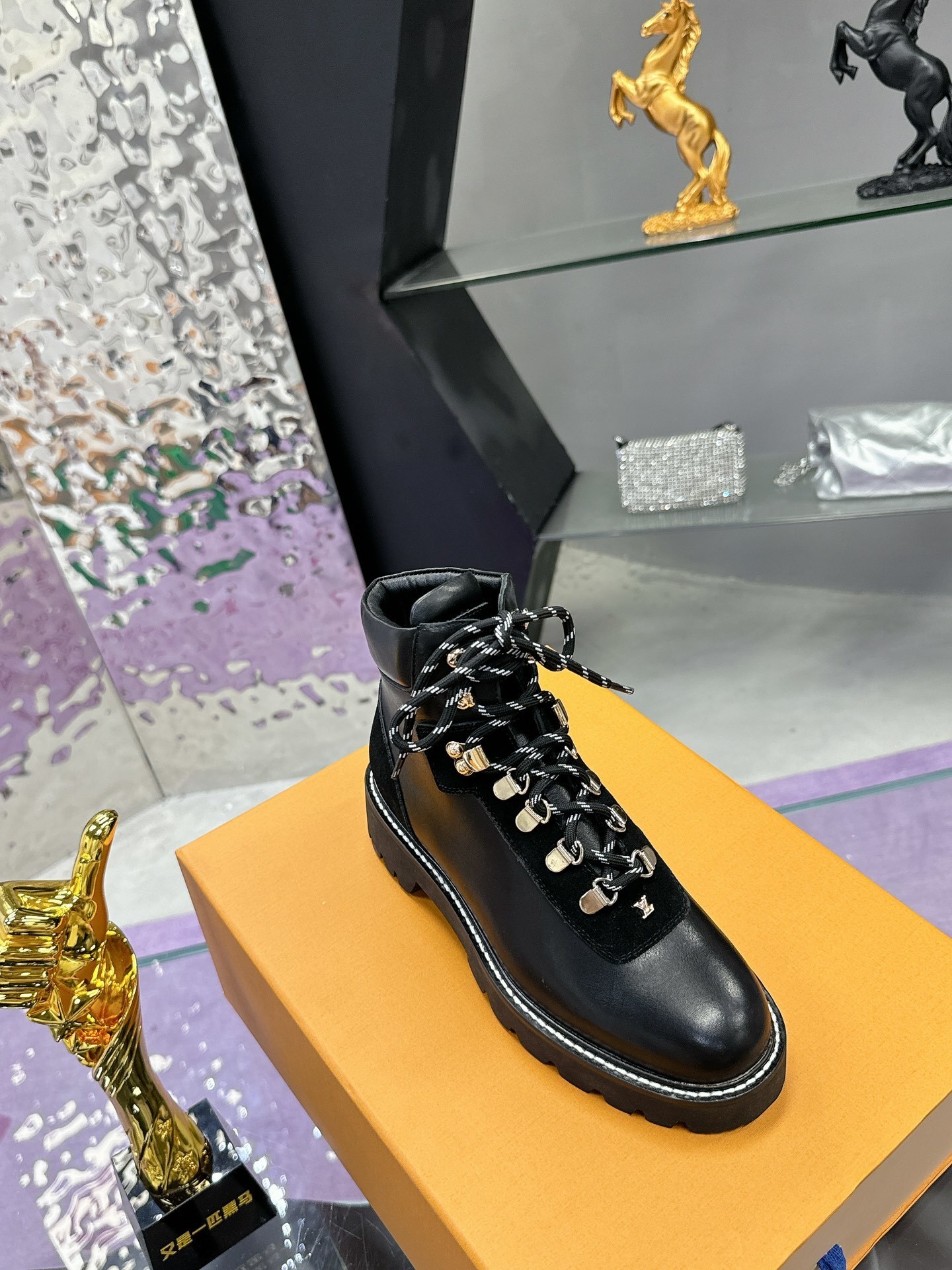 Louis Vuitton Women's Black Leather Combat Boots - Designer Ankle Boots