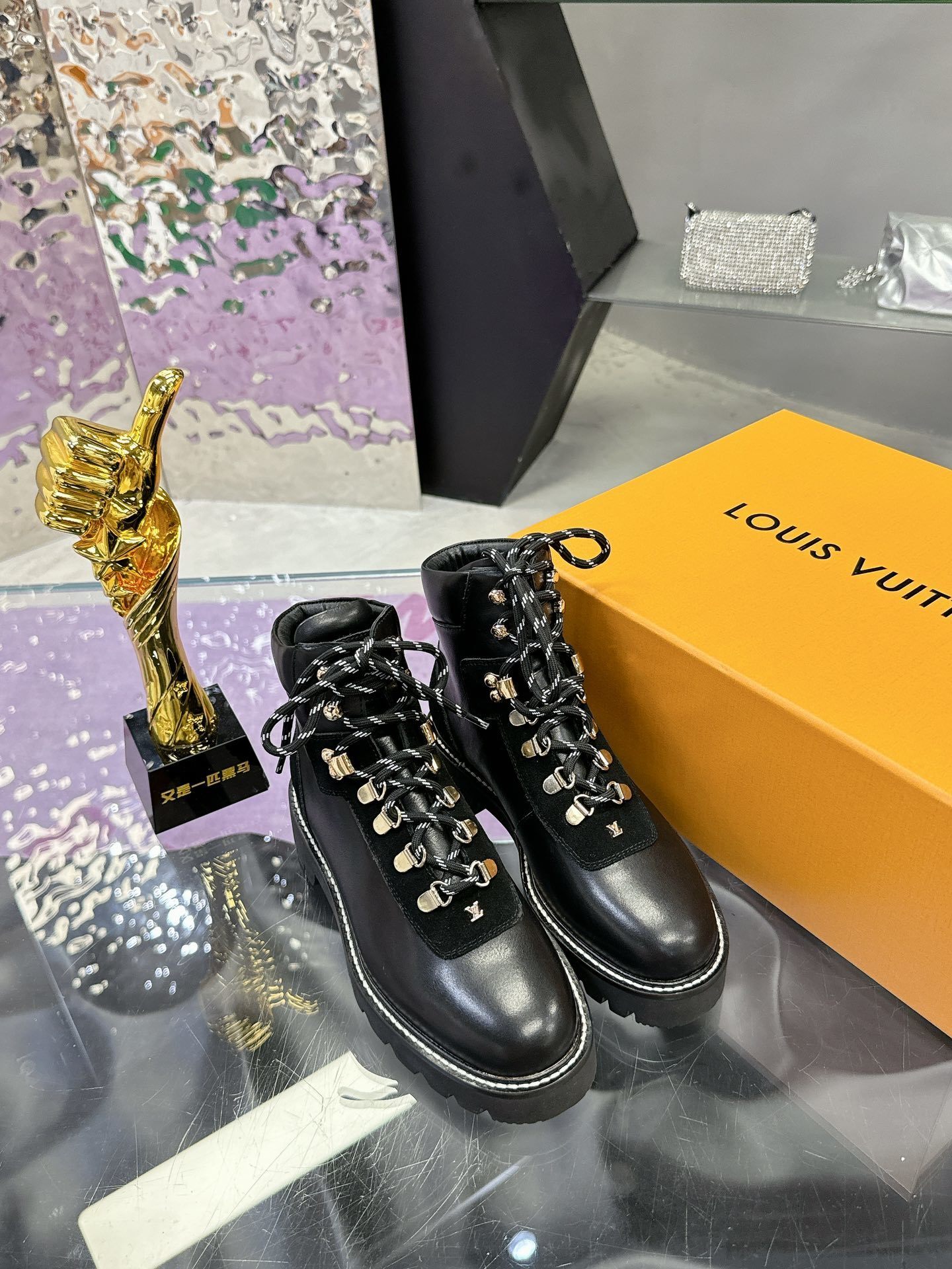 Louis Vuitton Women's Black Leather Combat Boots - Designer Ankle Boots