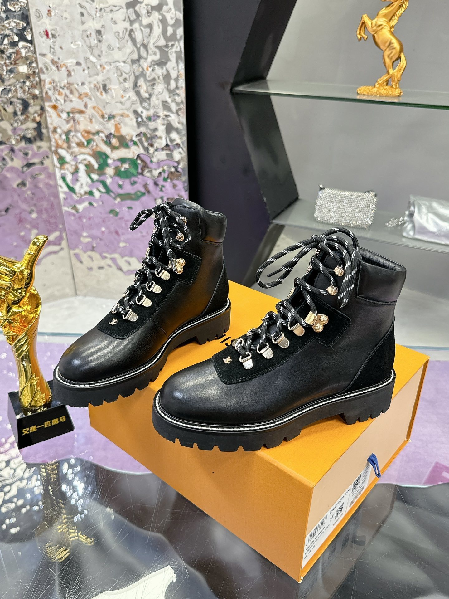 Louis Vuitton Women's Black Leather Combat Boots - Designer Ankle Boots