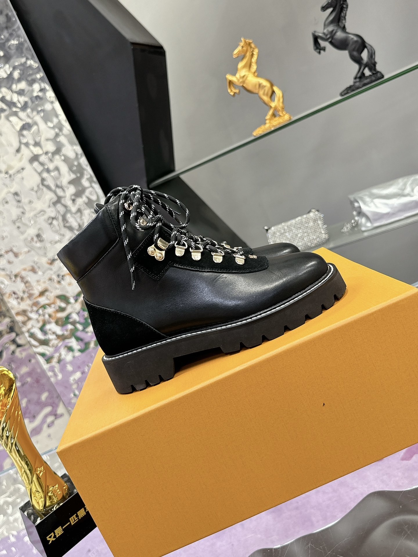 Louis Vuitton Women's Black Leather Combat Boots - Designer Ankle Boots