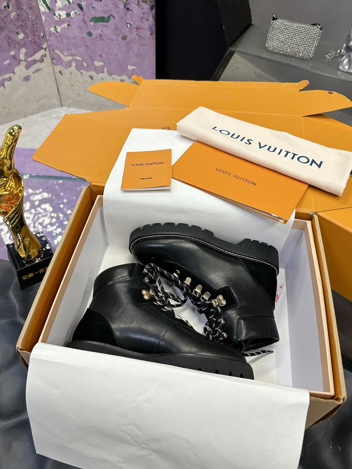 Louis Vuitton Women’s Black Leather Combat Boots – Designer Ankle Boots