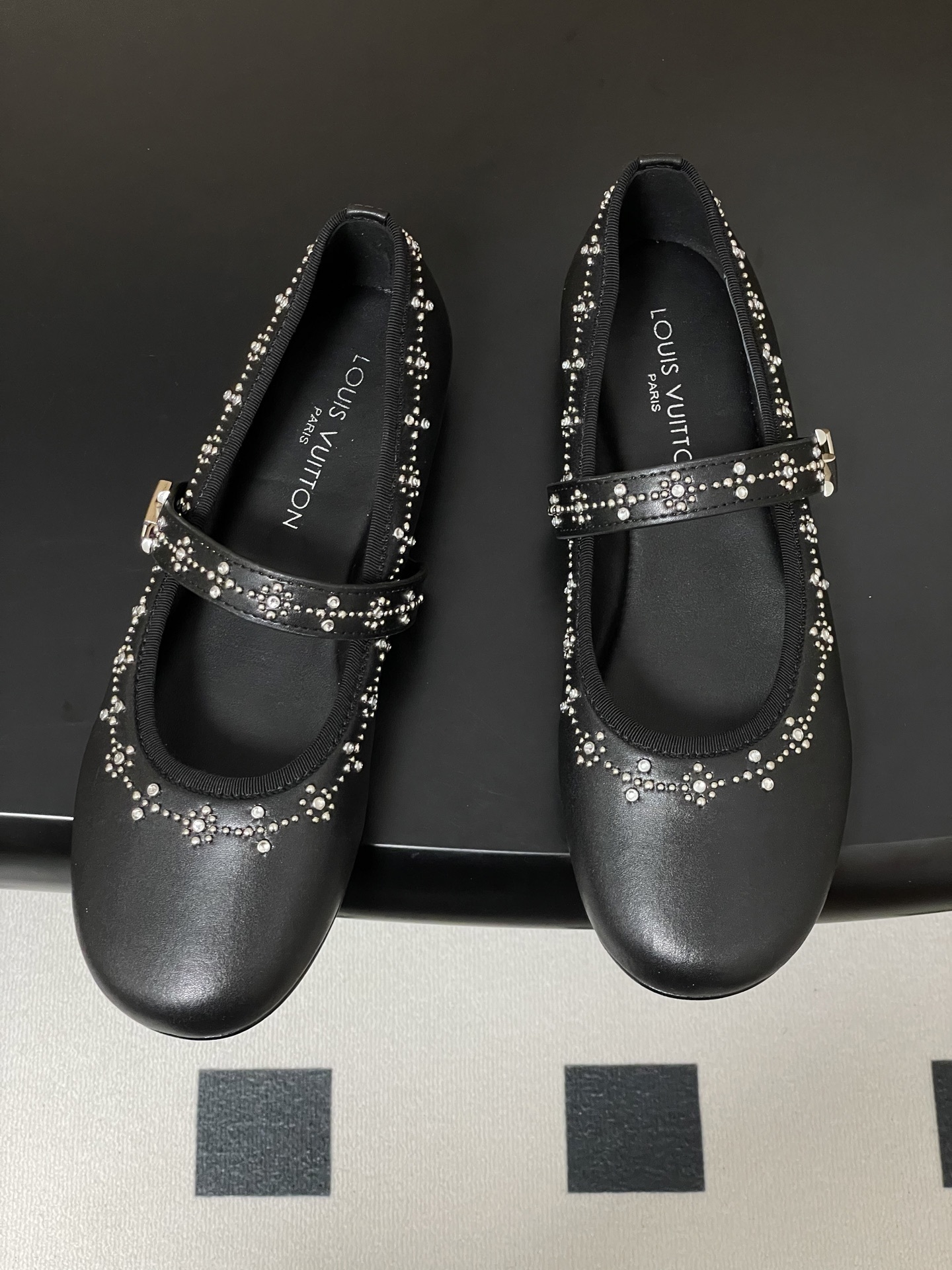 Black Rhinestone Studded Mary Jane Flats - Elegant Dress Shoes