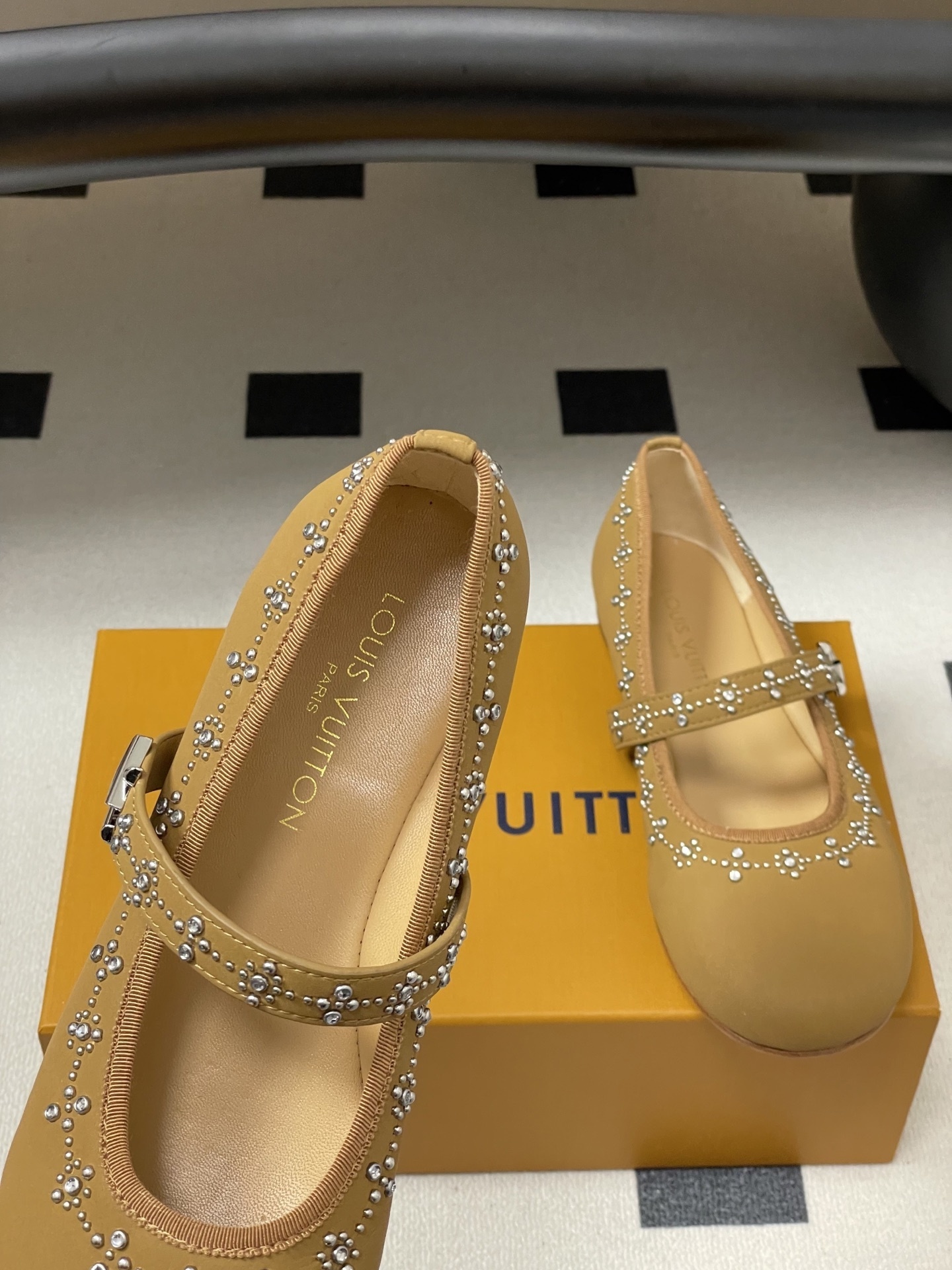 Elegant Rhinestone Mary Jane Flats - Mustard Tan Party Shoes