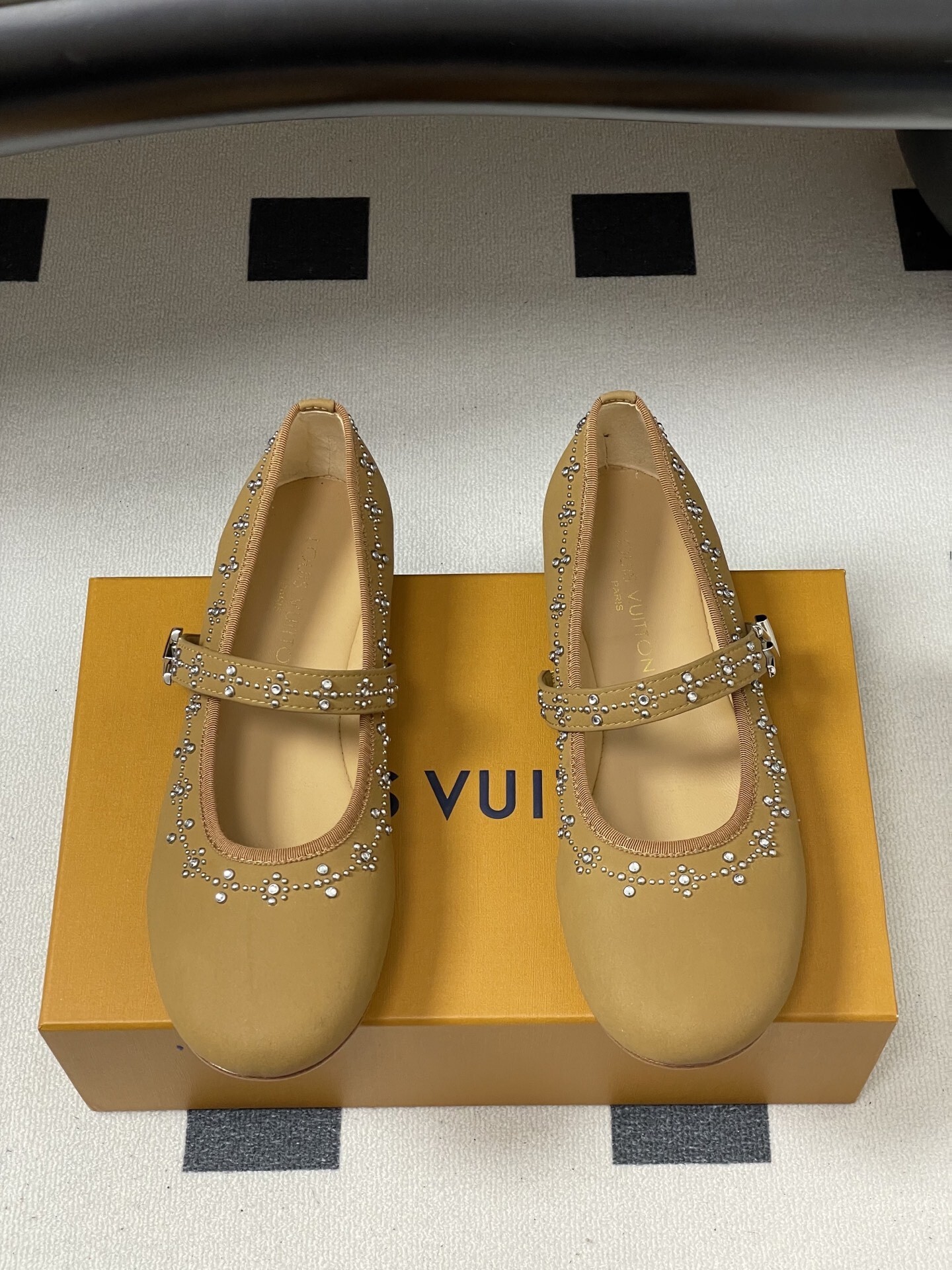 Elegant Rhinestone Mary Jane Flats - Mustard Tan Party Shoes