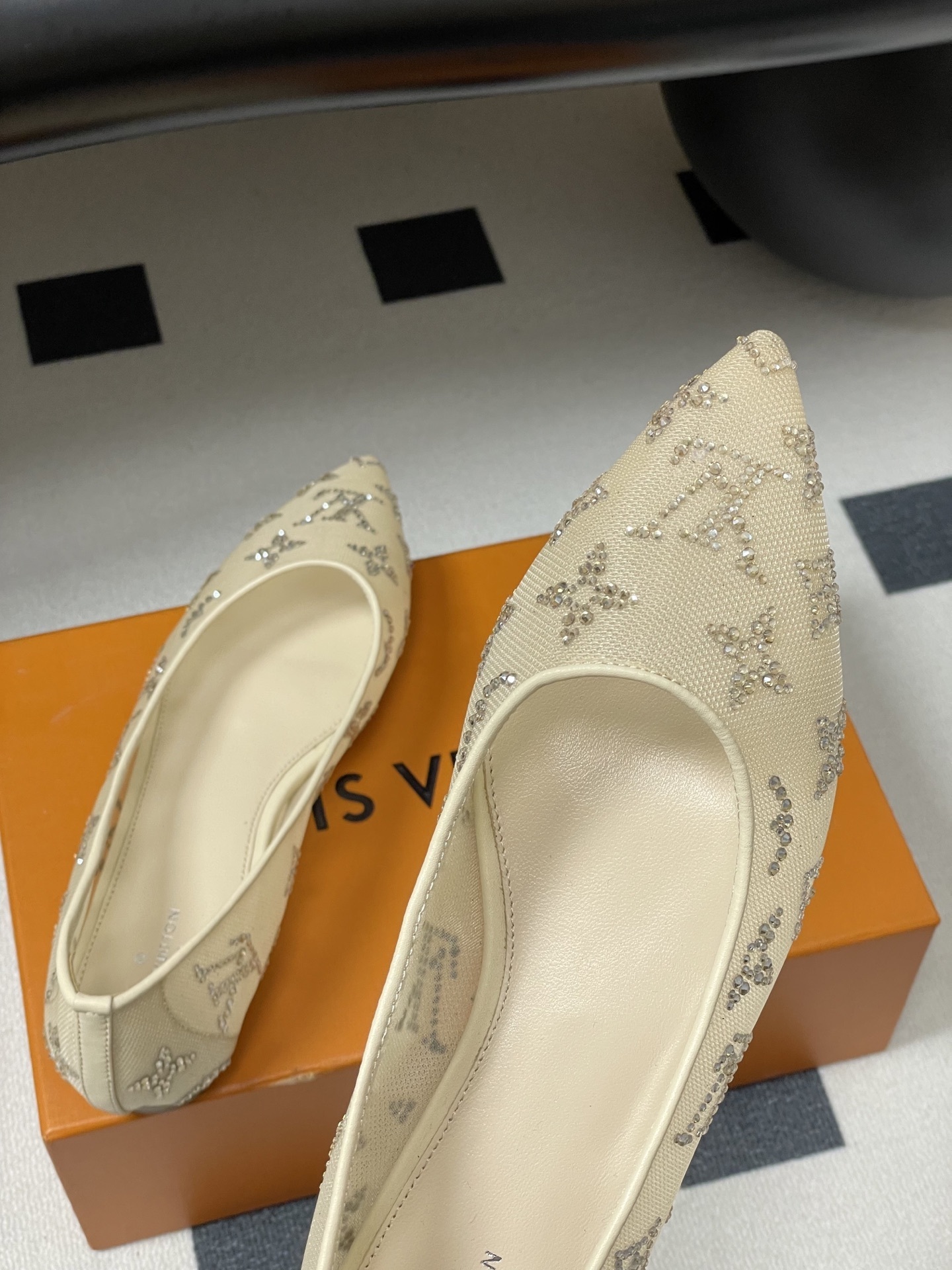 Luxury Crystal Monogram Mesh Pointed Toe Ballet Flats - Champagne