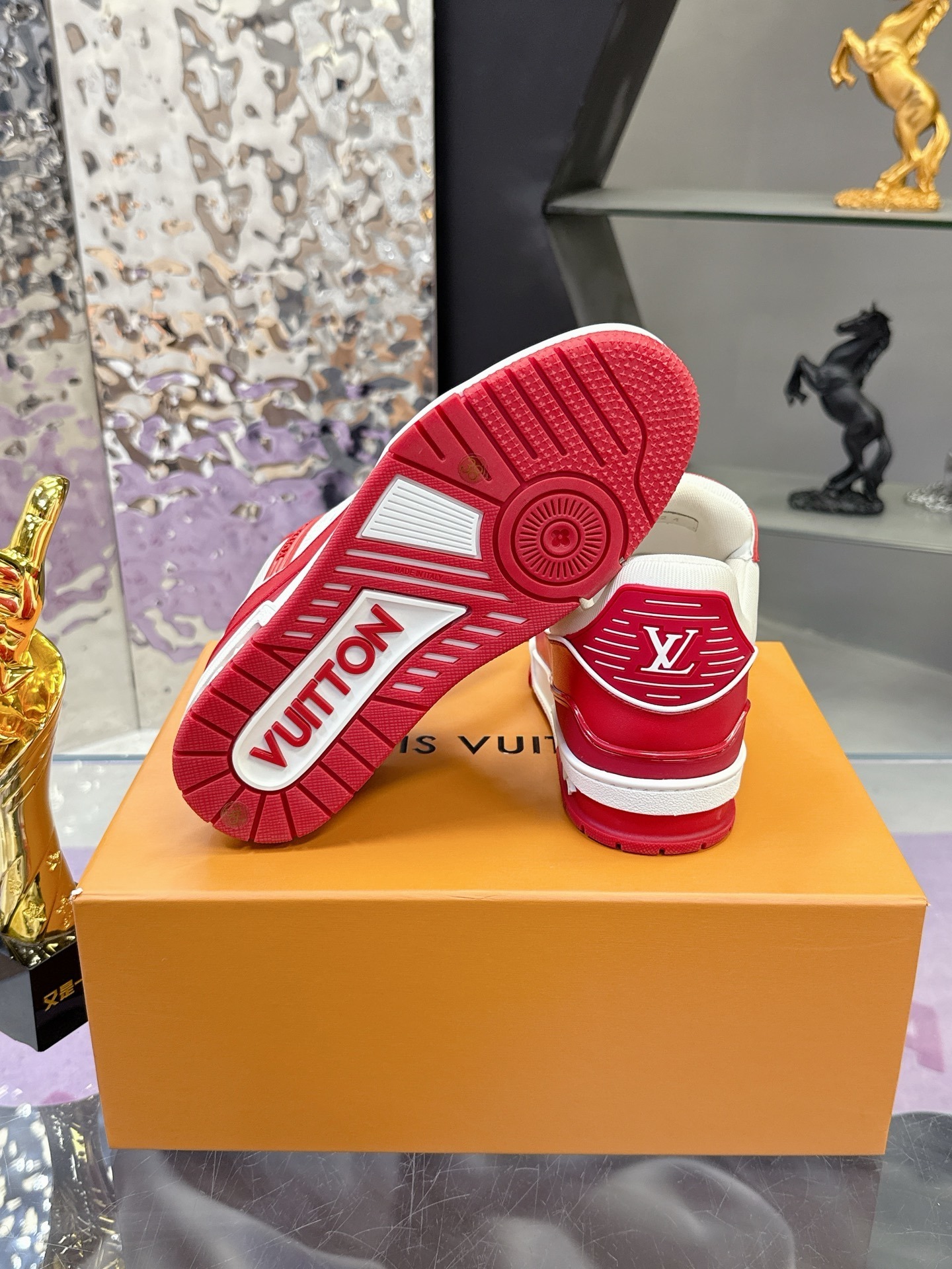 Louis Vuitton LV Trainer Sneakers Red White Monogram Grained Leather