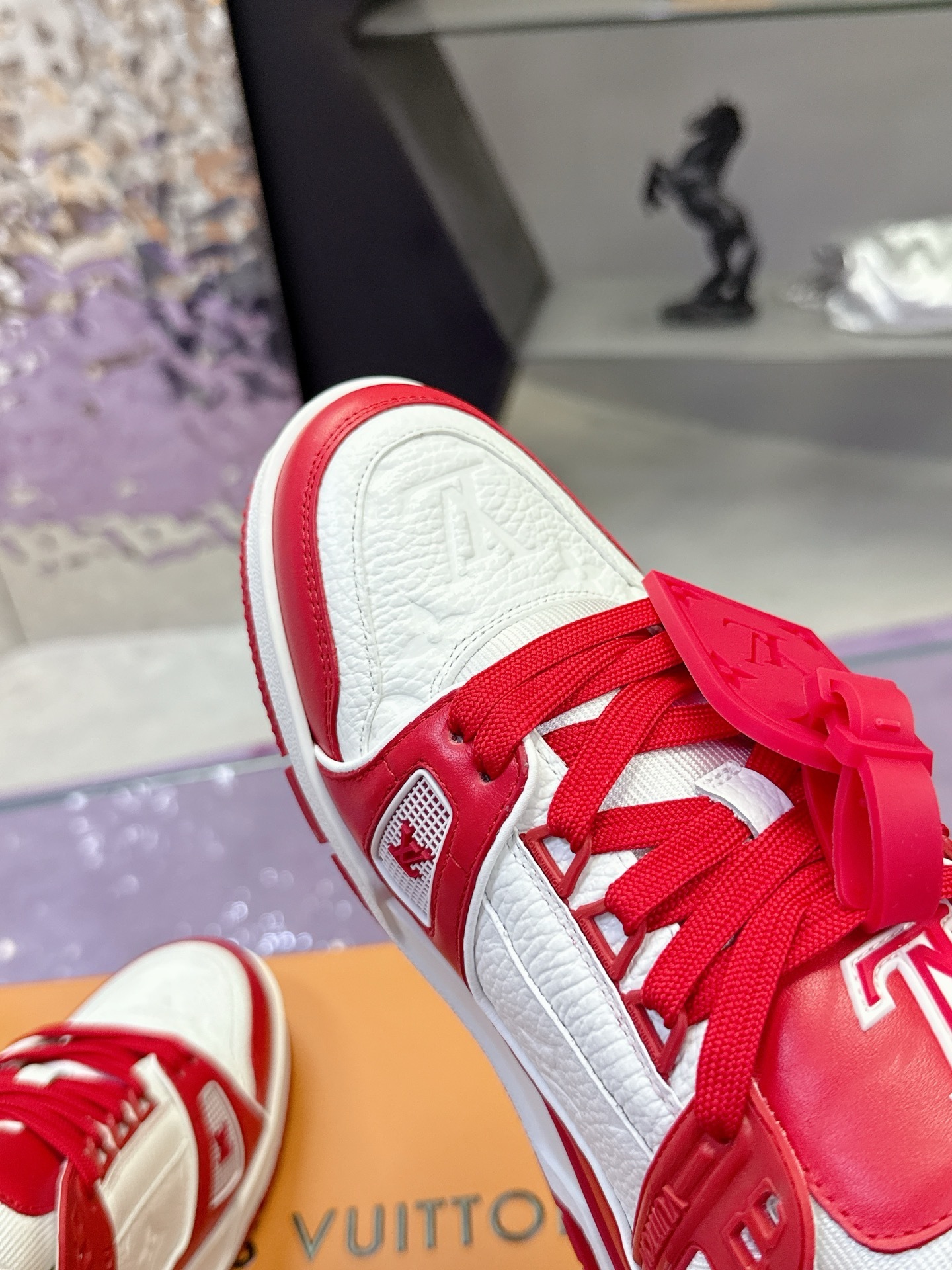 Louis Vuitton LV Trainer Sneakers Red White Monogram Grained Leather