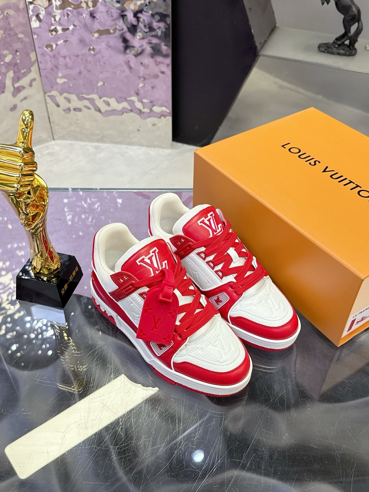 Louis Vuitton LV Trainer Sneakers Red White Monogram Grained Leather