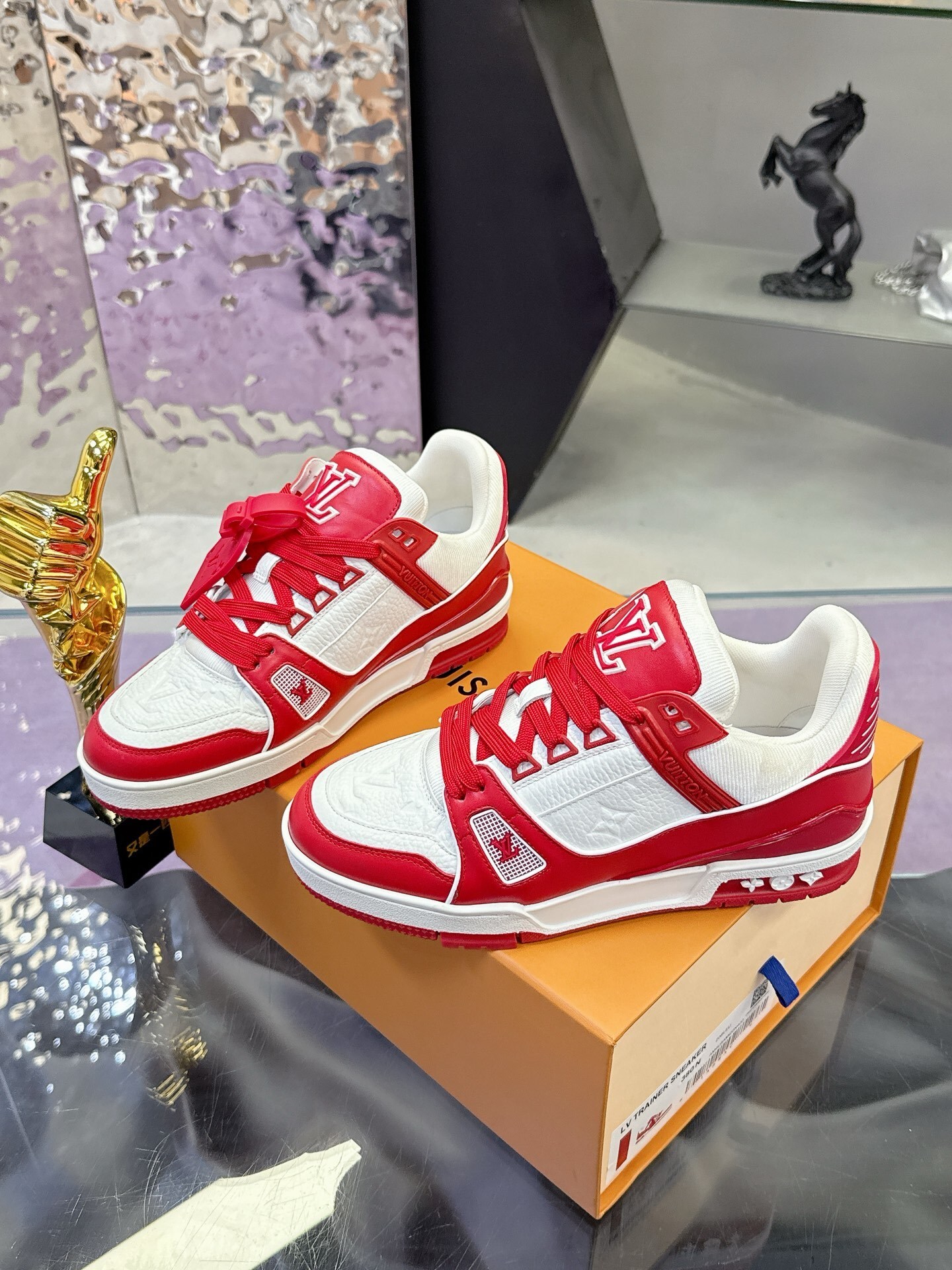 Louis Vuitton LV Trainer Sneakers Red White Monogram Grained Leather