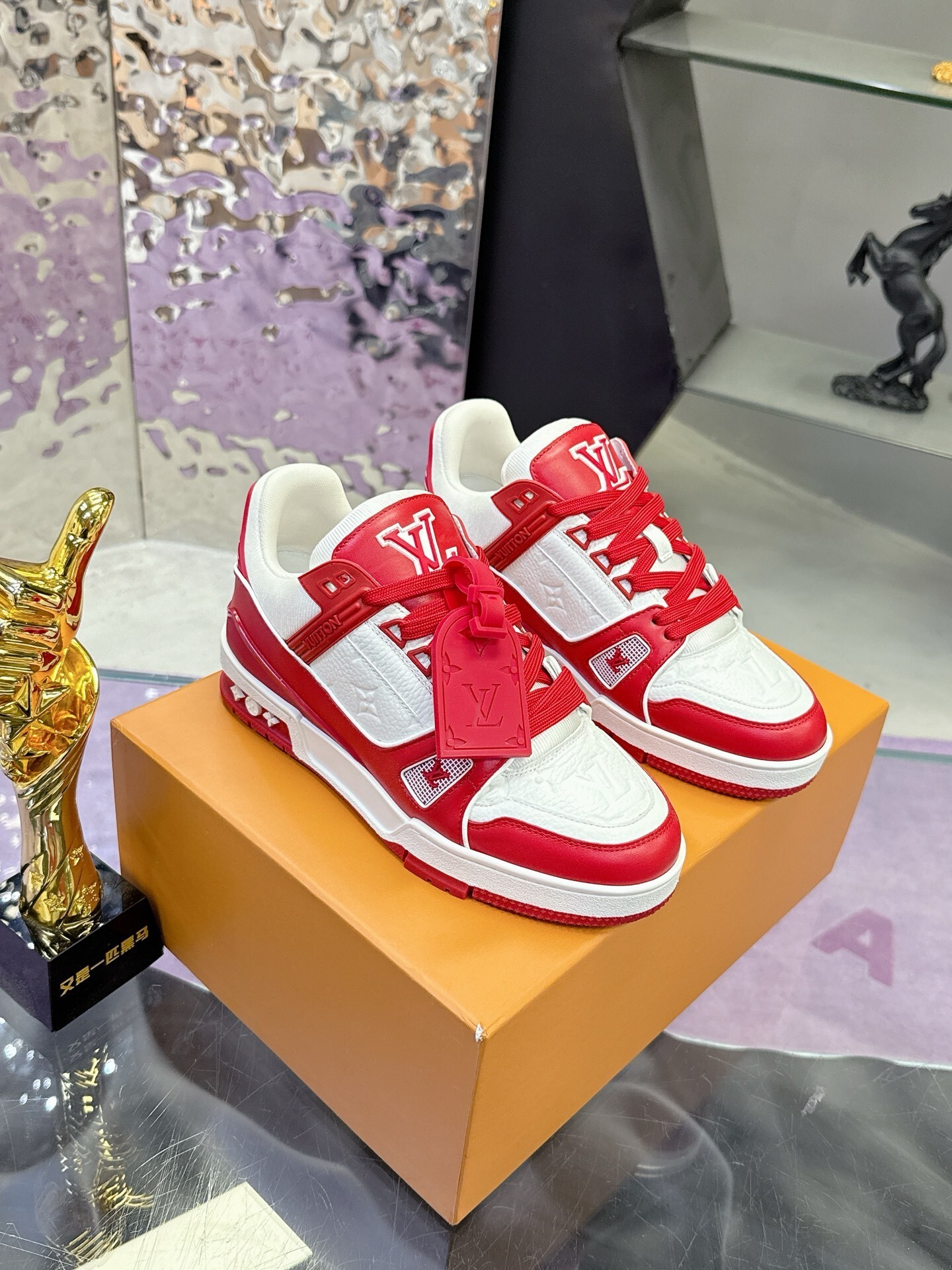 Louis Vuitton LV Trainer Sneakers Red White Monogram Grained Leather