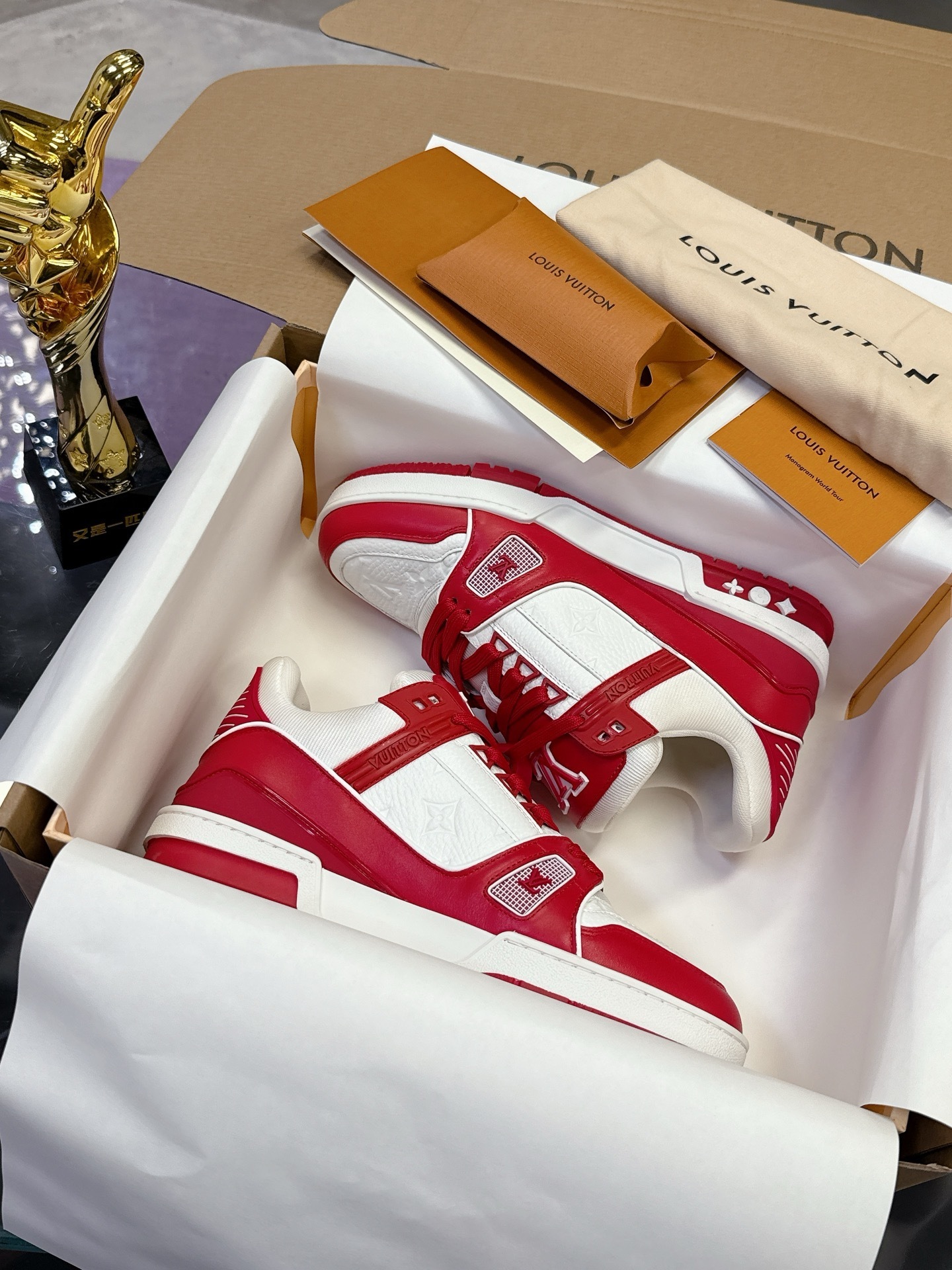 Louis Vuitton LV Trainer Sneakers Red White Monogram Grained Leather