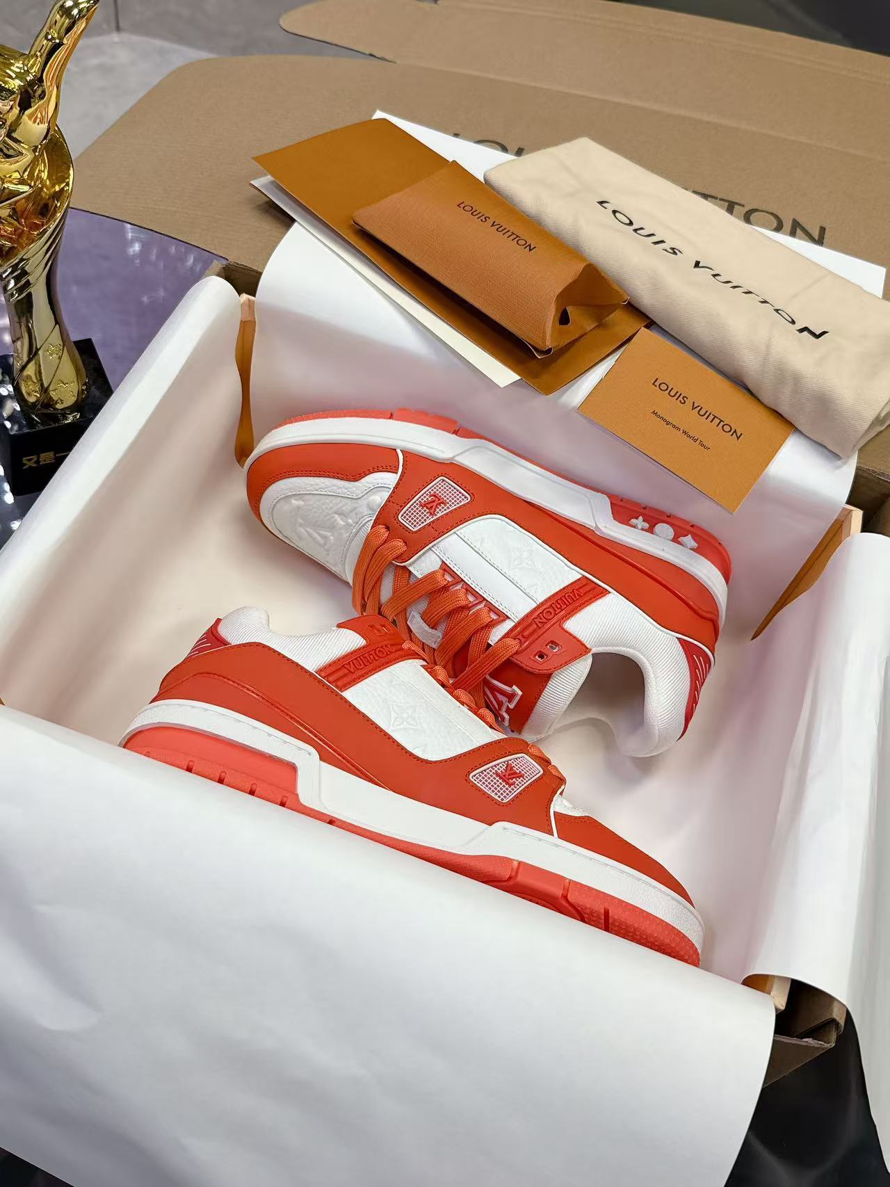 Louis Vuitton LV Trainer Sneaker – Orange & White Monogram Edition