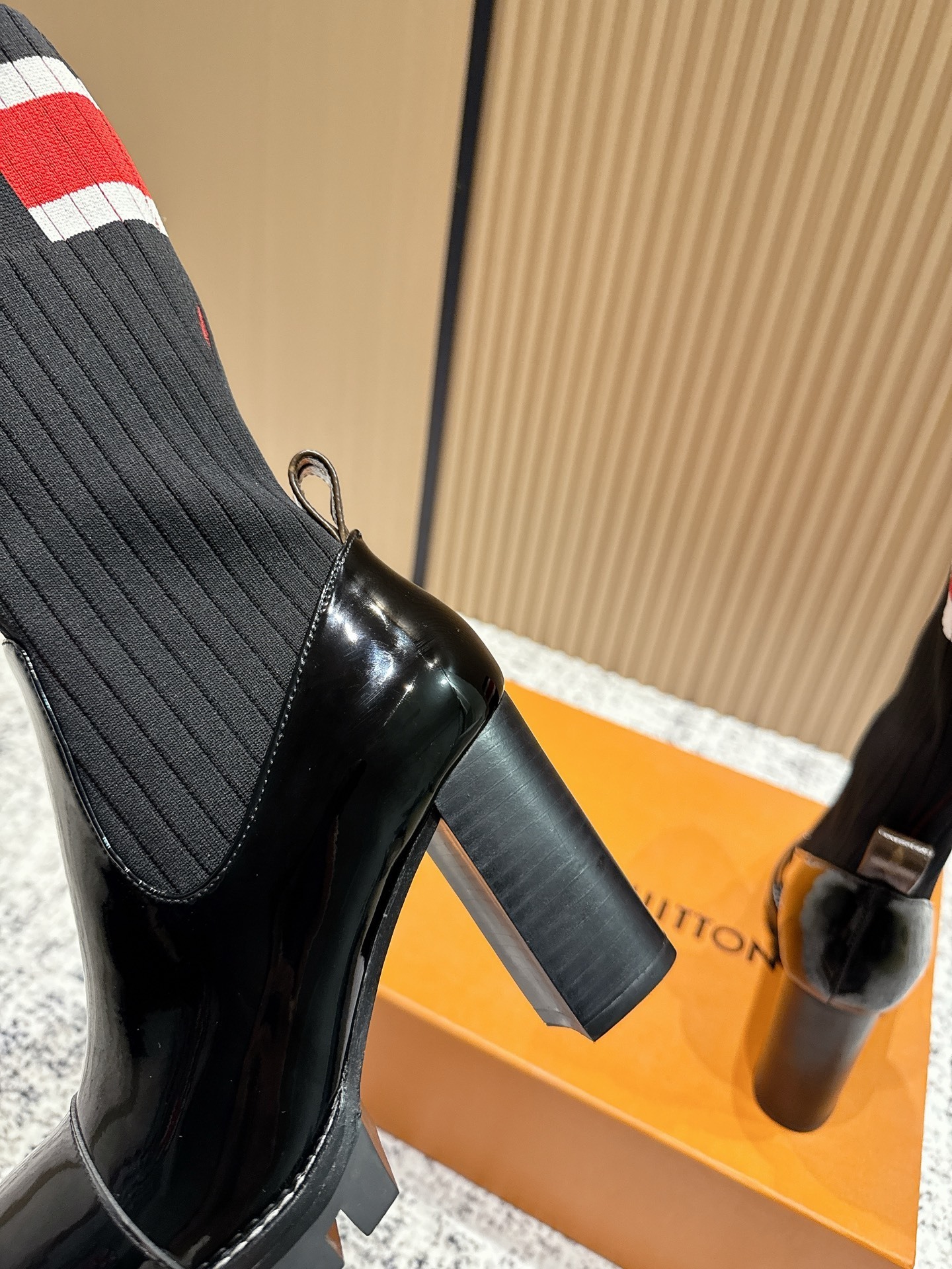 Women's Patent Leather Sock Boots - Chunky Heel Striped Ankle Boots