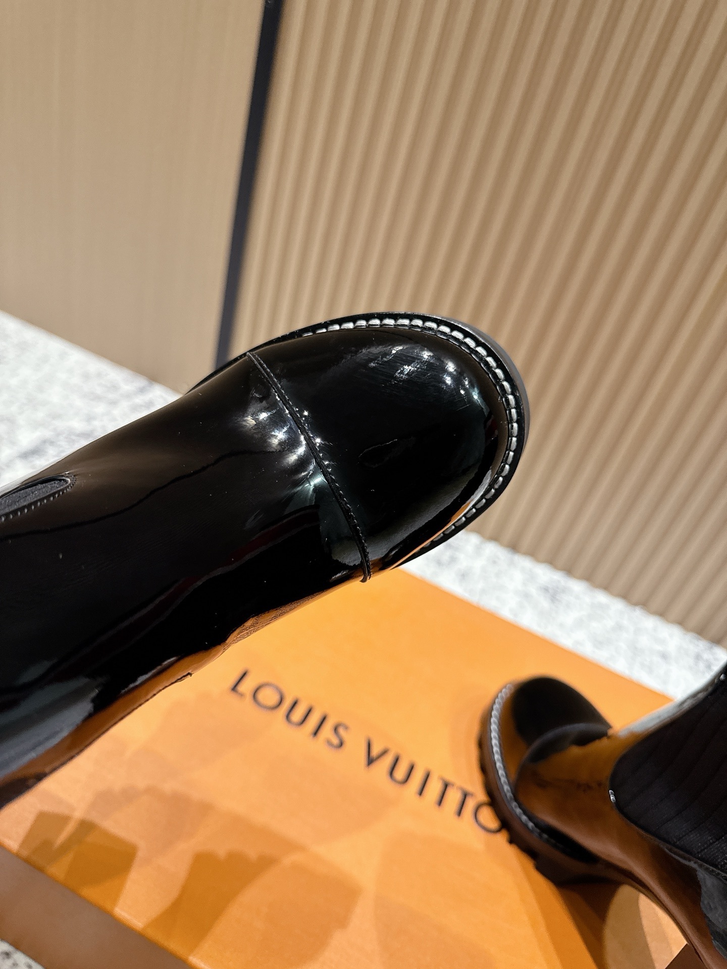 Women's Patent Leather Sock Boots - Chunky Heel Striped Ankle Boots