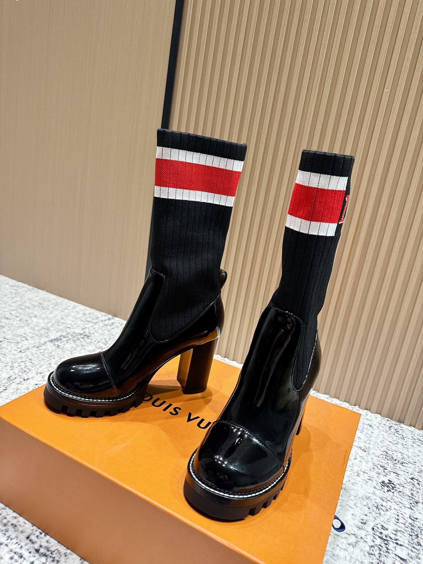 Women's Patent Leather Sock Boots - Chunky Heel Striped Ankle Boots