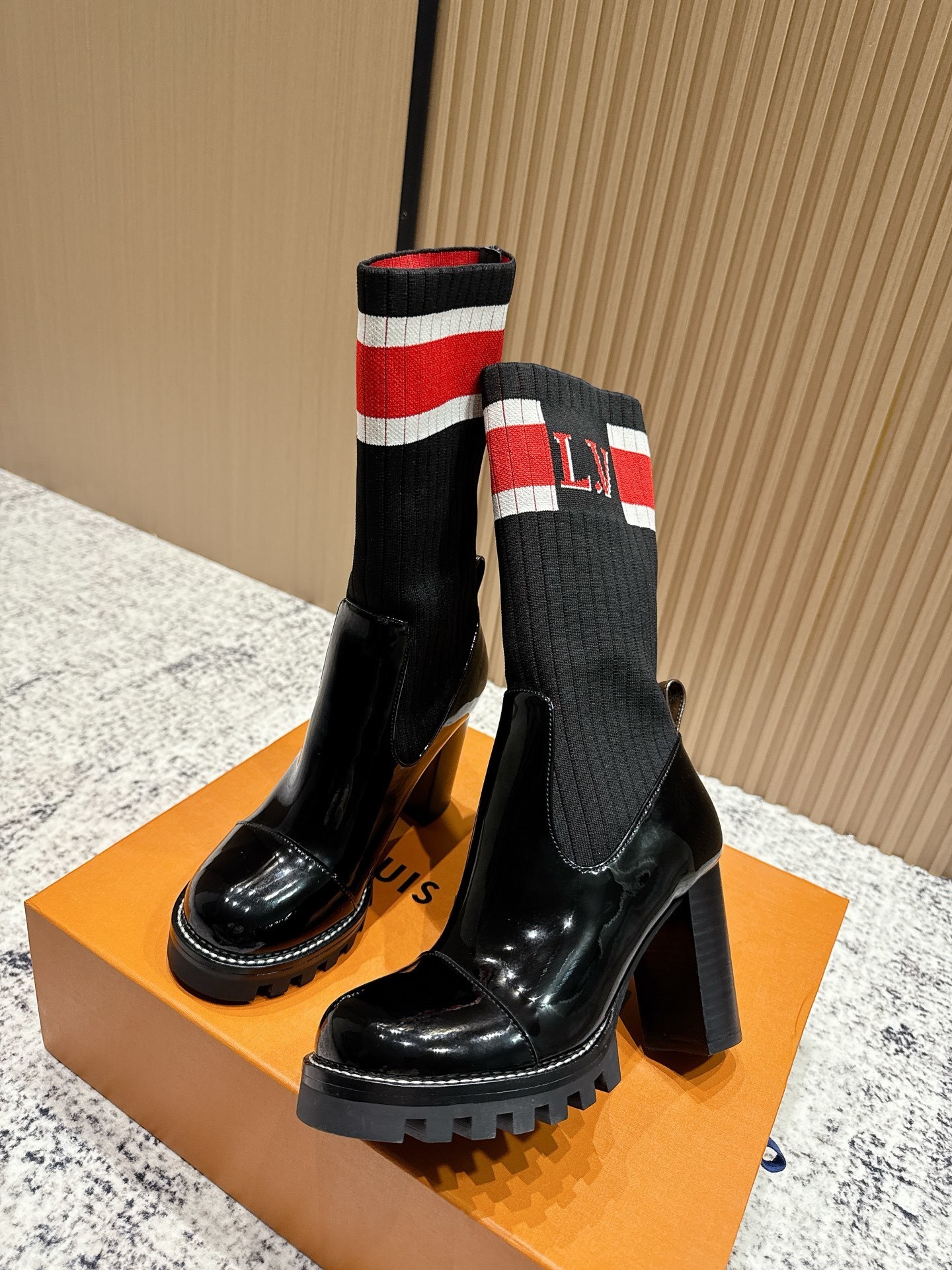 Women's Patent Leather Sock Boots - Chunky Heel Striped Ankle Boots