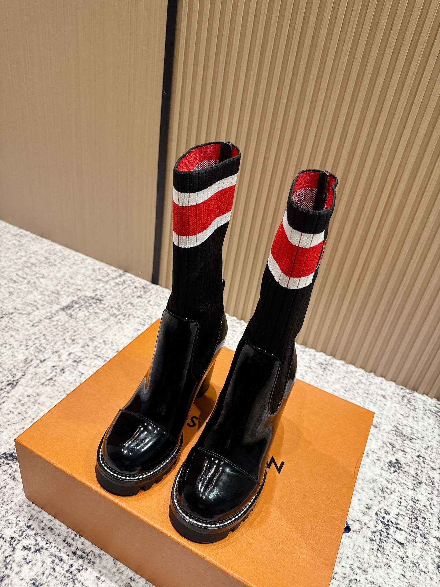 Women’s Patent Leather Sock Boots – Chunky Heel Striped Ankle Boots