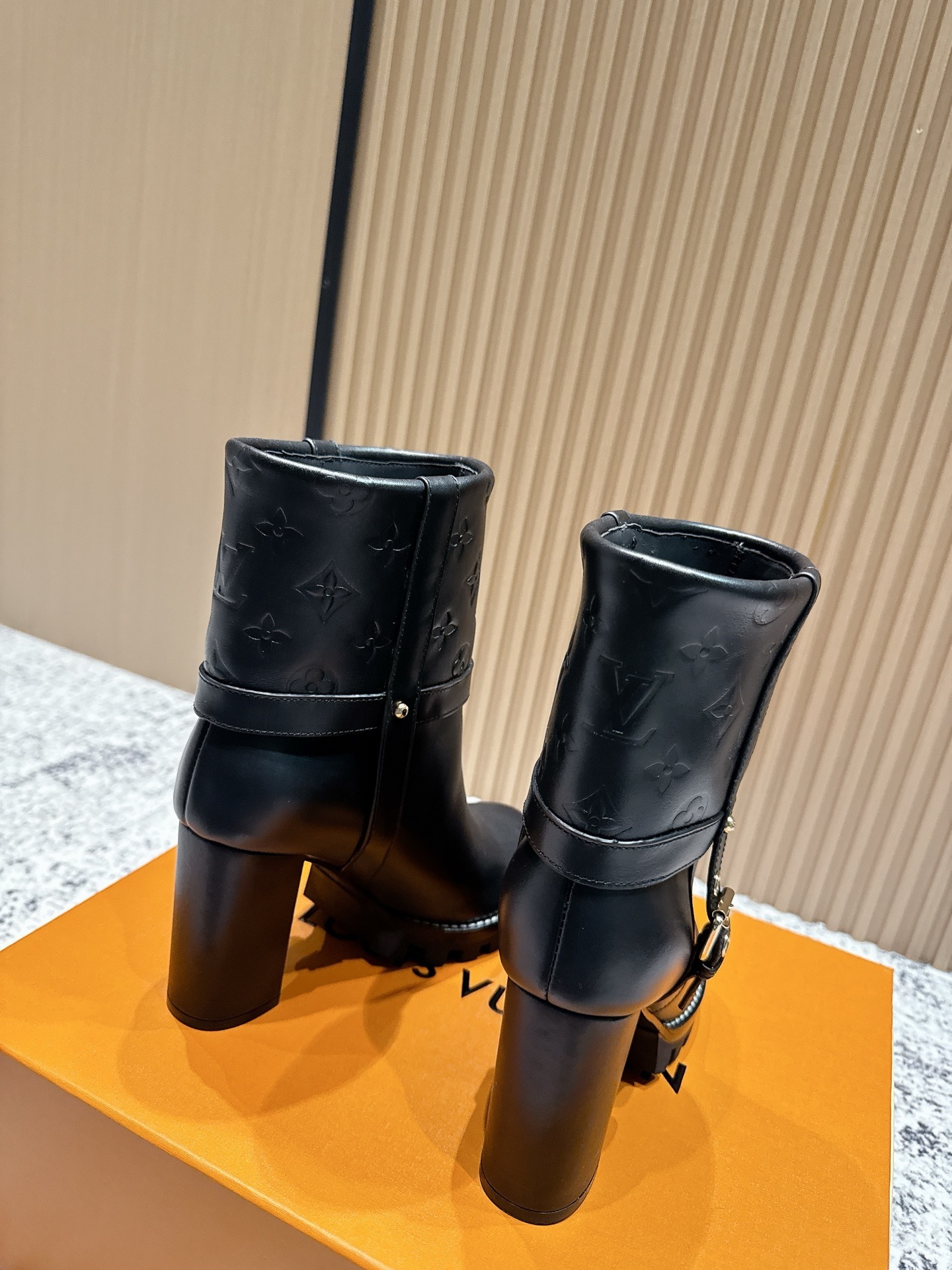 Louis Vuitton Black Monogram Leather Ankle Boots with Lug Sole