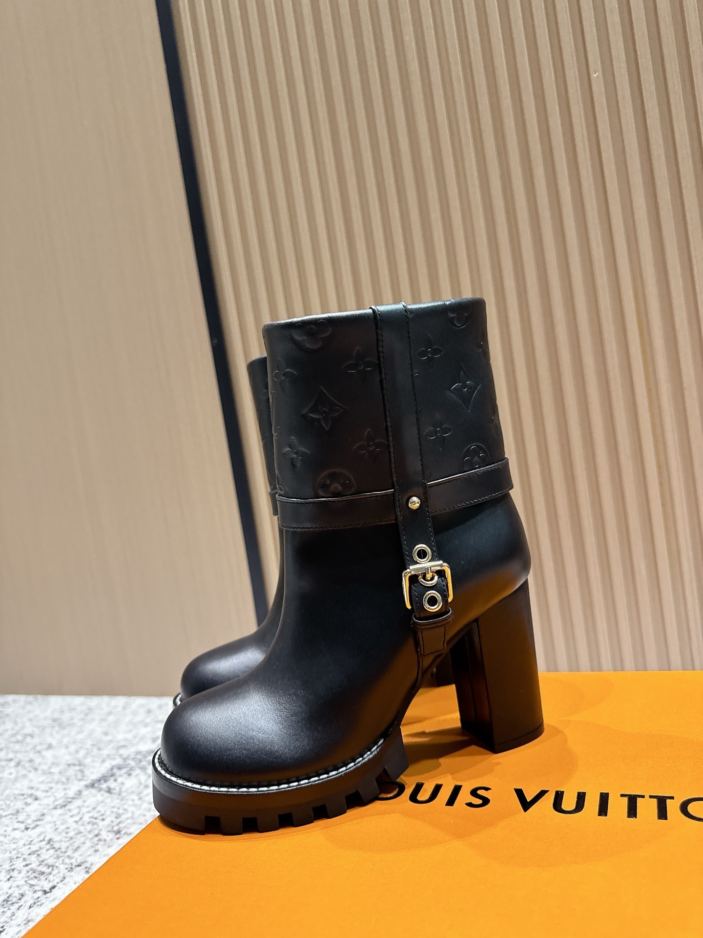 Louis Vuitton Black Monogram Leather Ankle Boots with Lug Sole