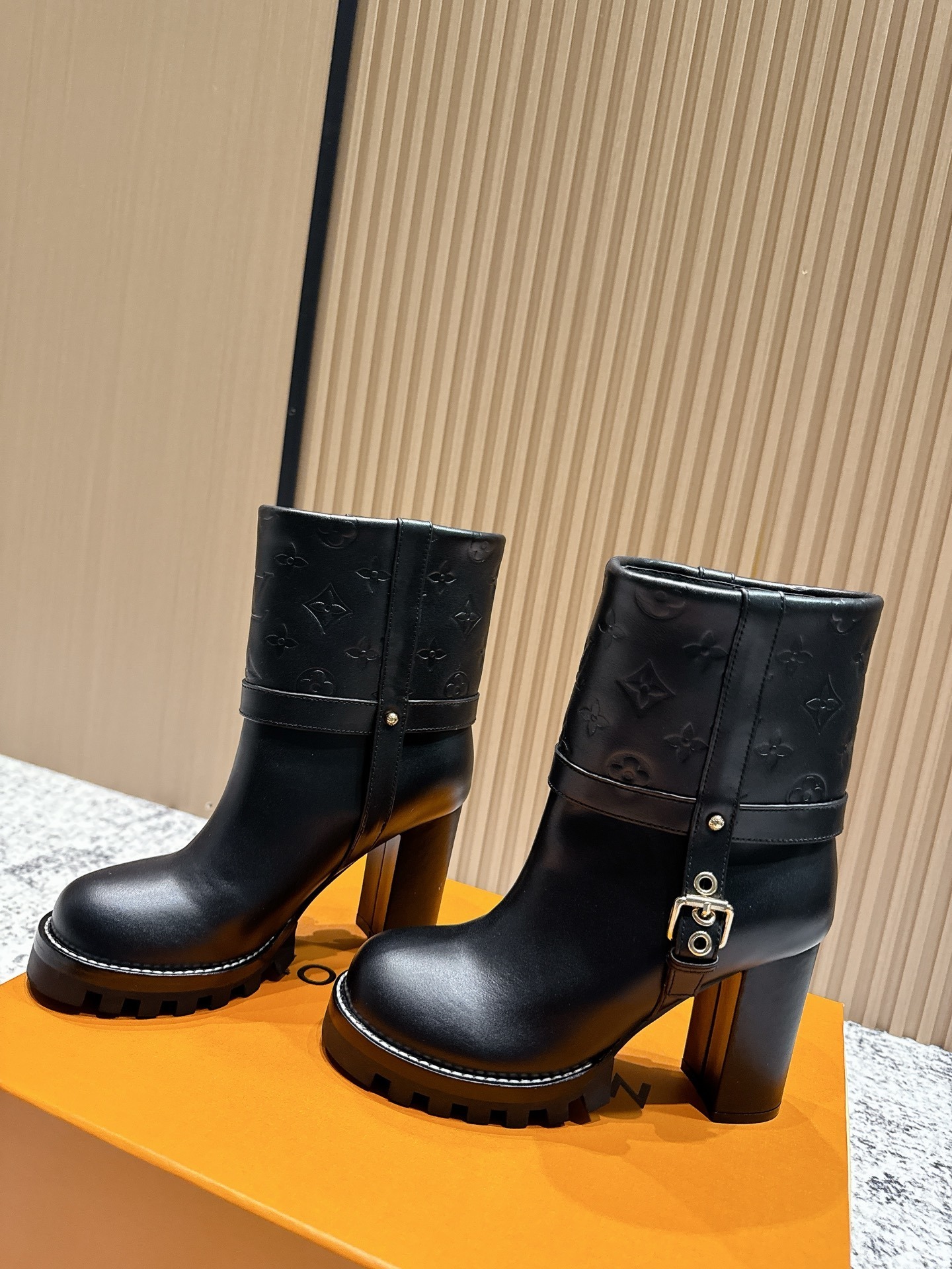 Louis Vuitton Black Monogram Leather Ankle Boots with Lug Sole
