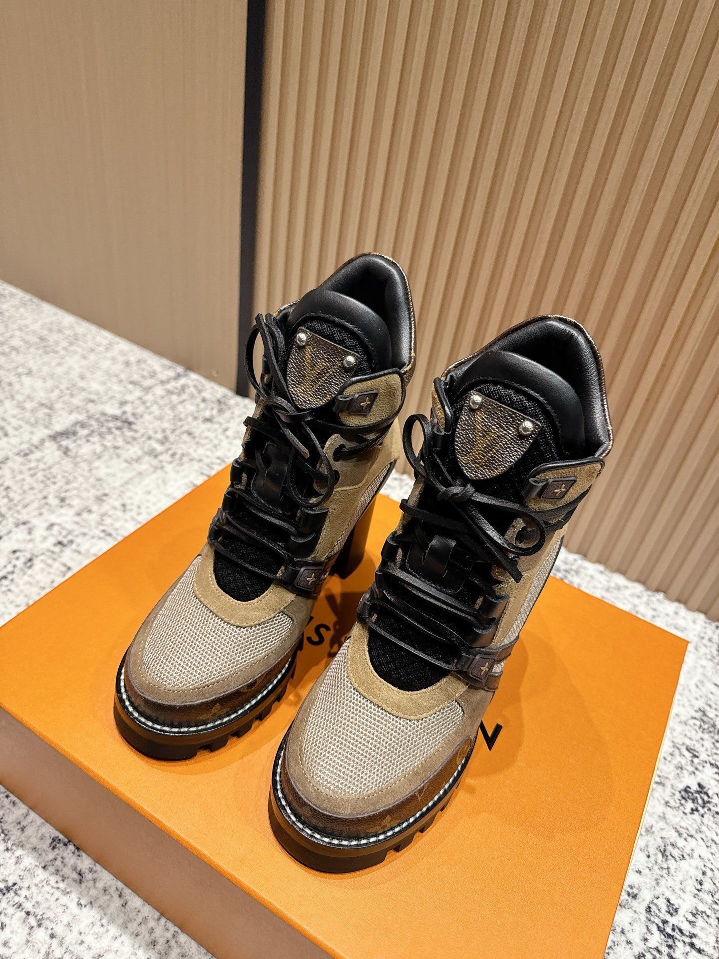 Luxury Monogram High-Heeled Lace-Up Ankle Boots for Women