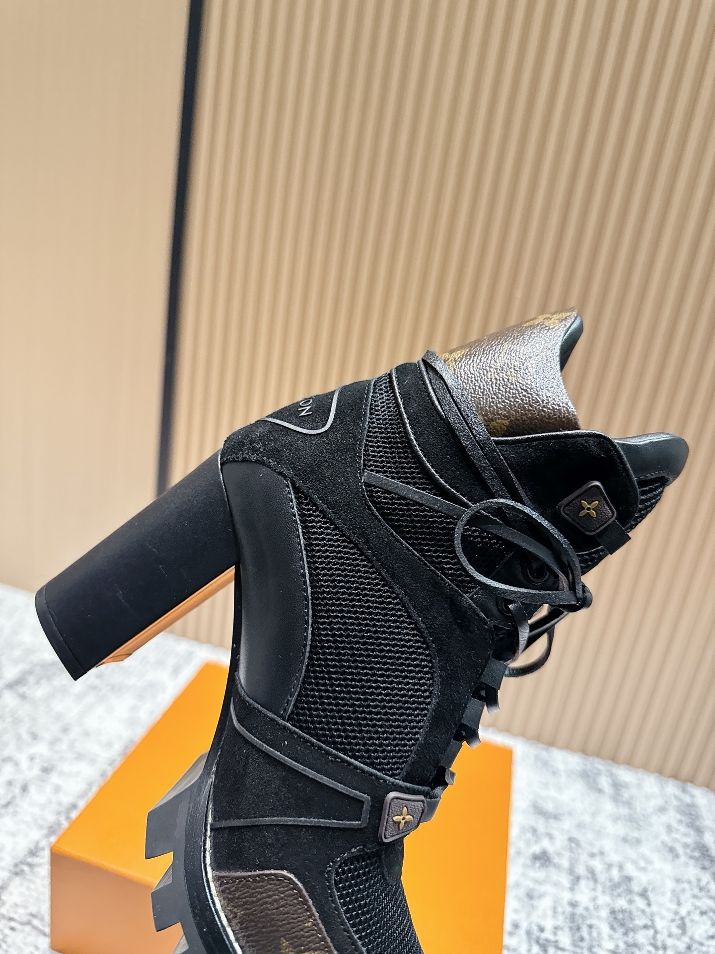 Louis Vuitton Black Mesh & Leather High-Heel Ranger Ankle Boots