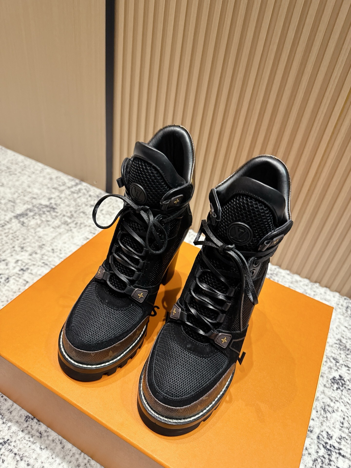 Louis Vuitton Black Mesh & Leather High-Heel Ranger Ankle Boots