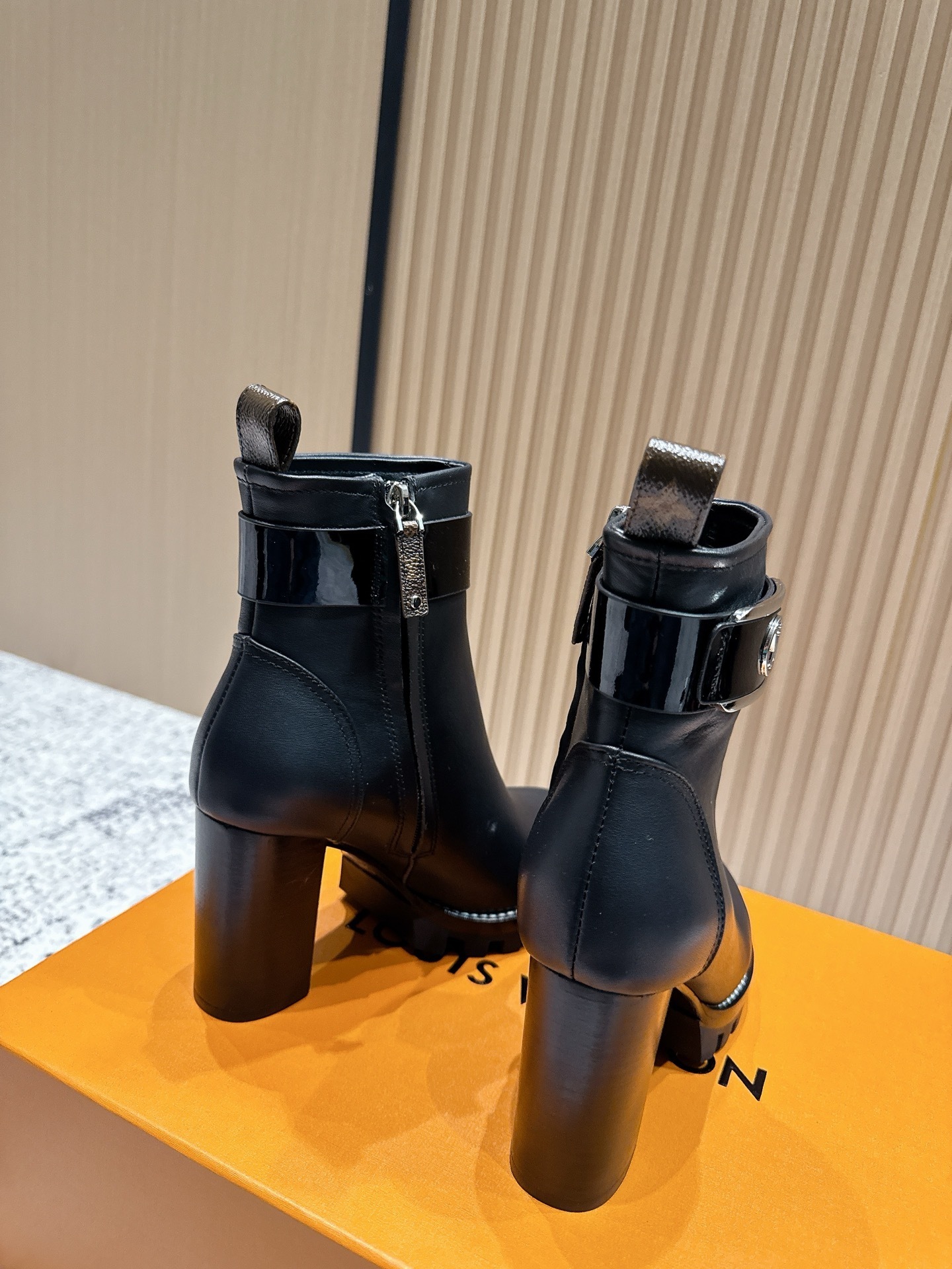 Black Leather Block Heel Ankle Boots with Buckle & Side Zip