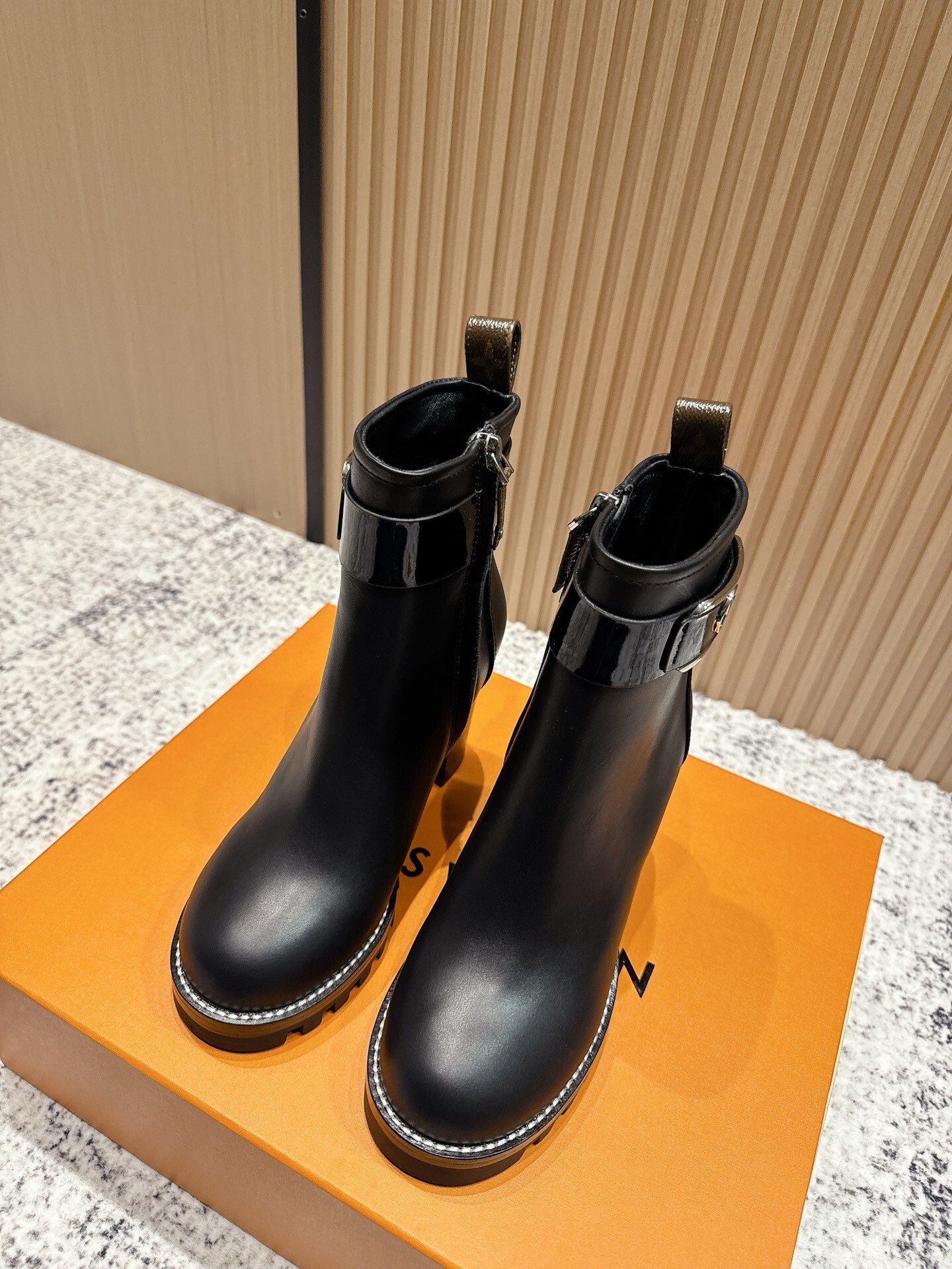 Black Leather Block Heel Ankle Boots with Buckle & Side Zip