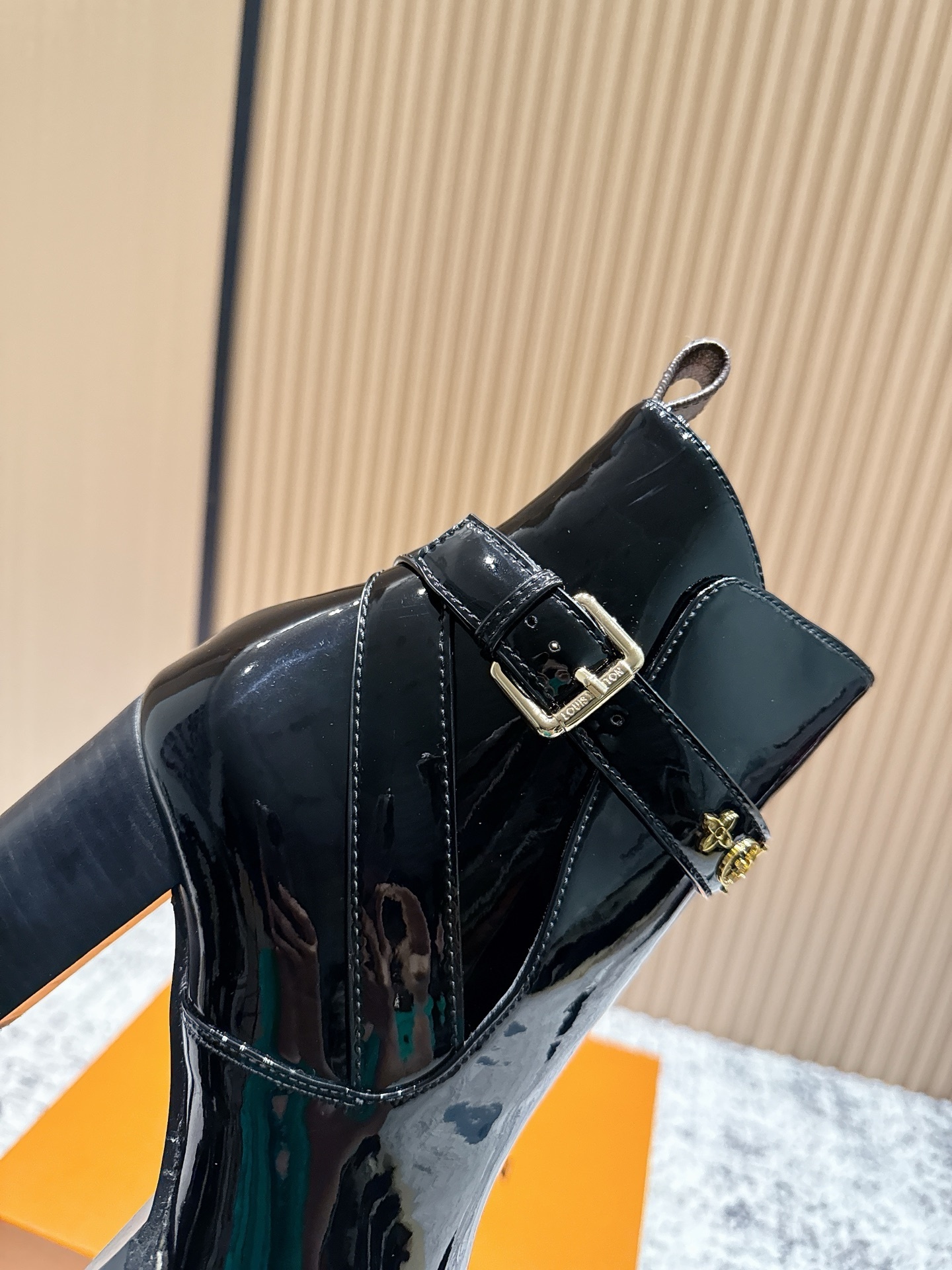 Louis Vuitton Black Patent Leather Ankle Boots with Logo Buckle