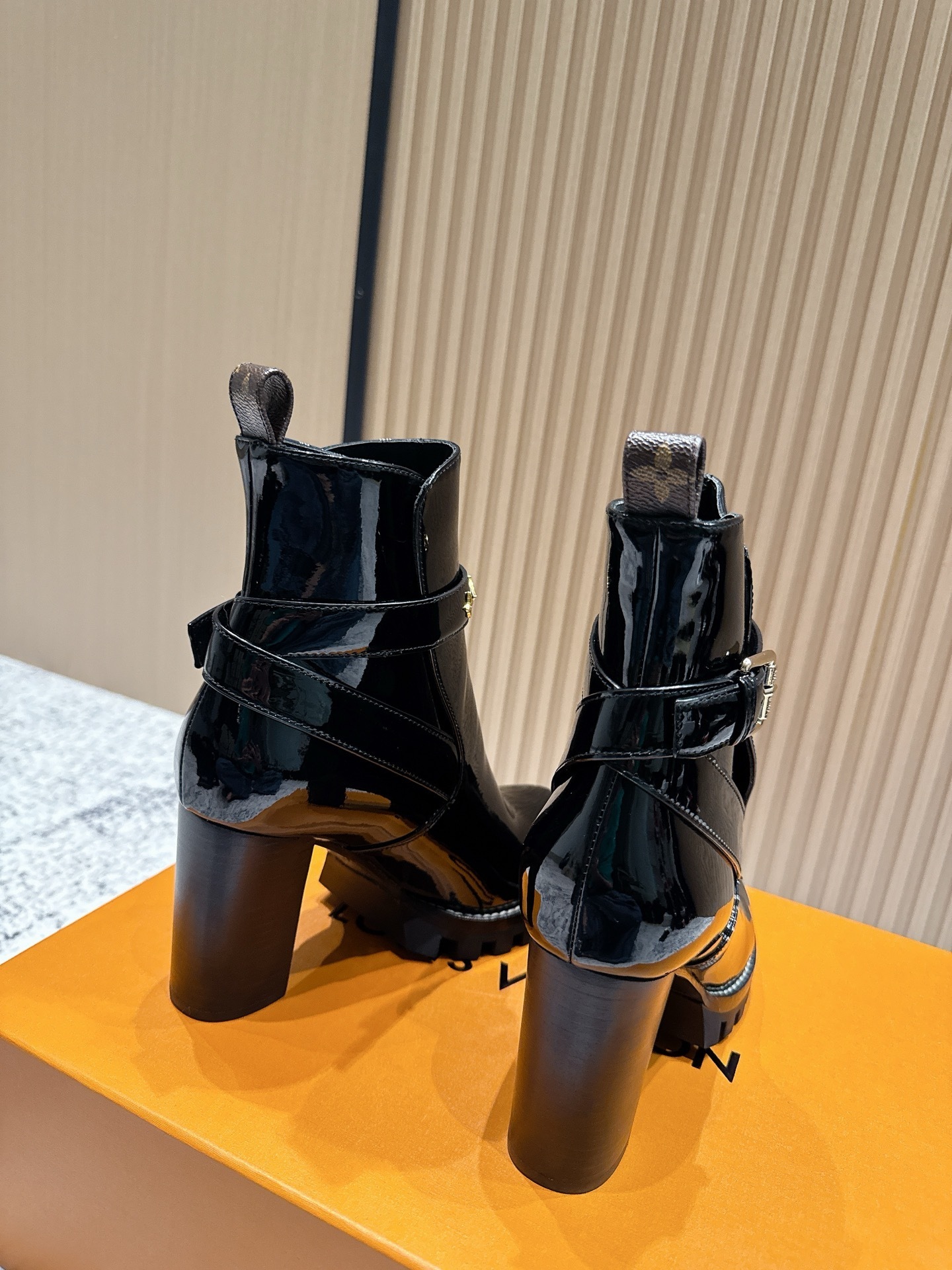 Louis Vuitton Black Patent Leather Ankle Boots with Logo Buckle