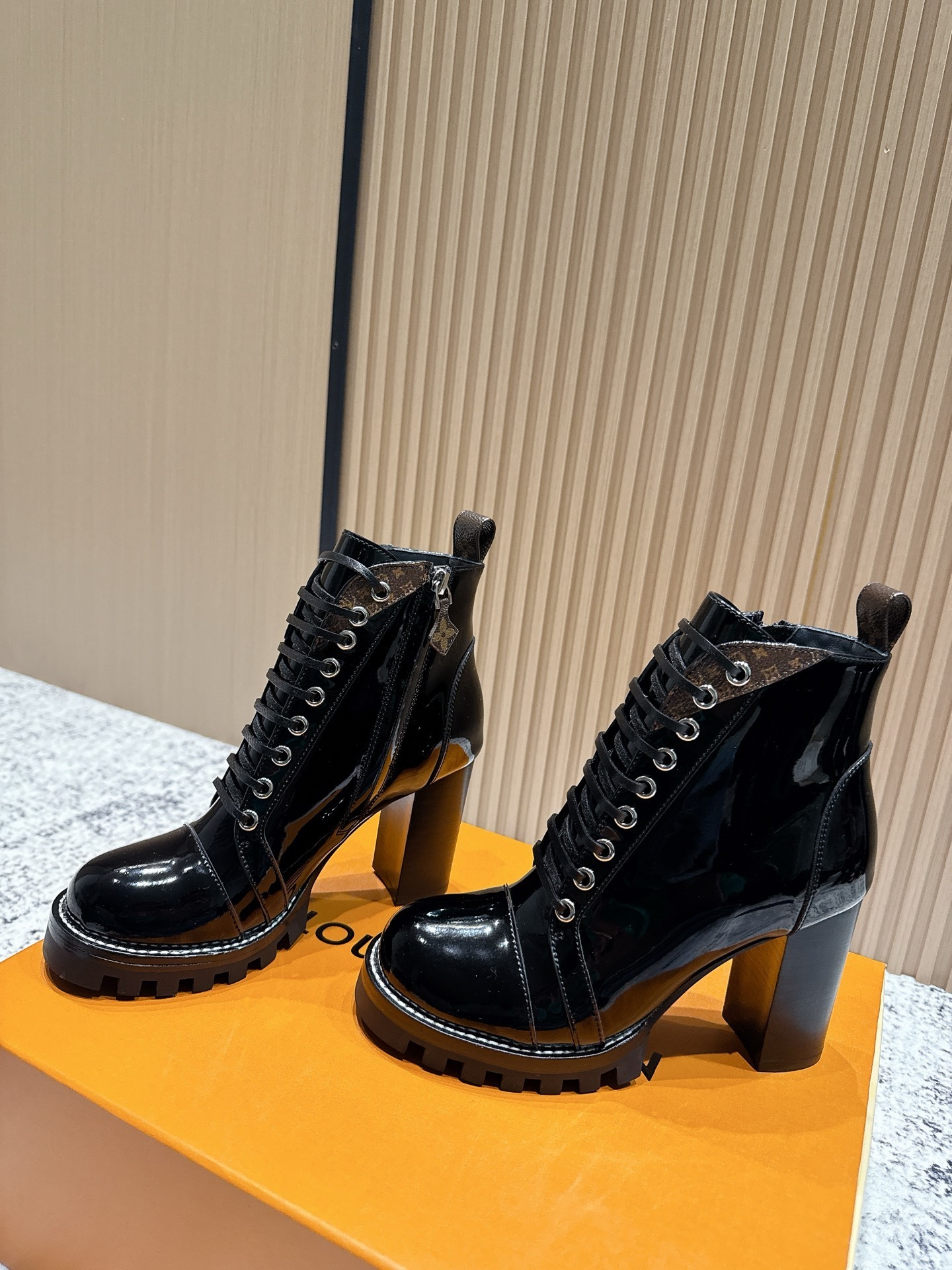 Women's Black Patent Leather Lace-Up Combat Boots Monogram Trim