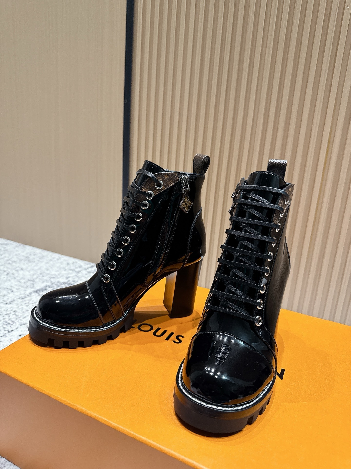 Women's Black Patent Leather Lace-Up Combat Boots Monogram Trim