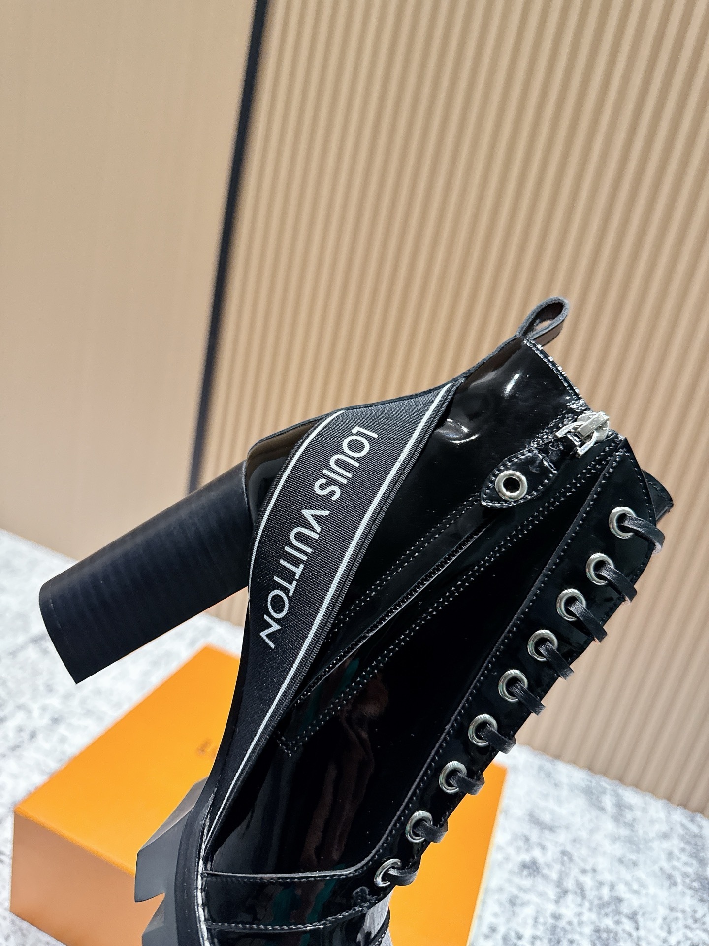 Louis Vuitton Black Patent Leather Lace-Up High Heel Boots