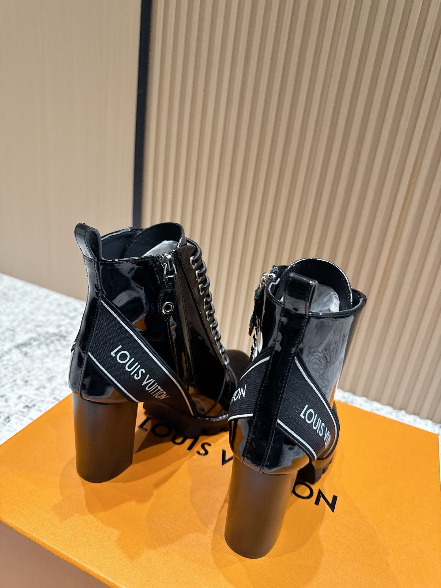 Louis Vuitton Black Patent Leather Lace-Up High Heel Boots