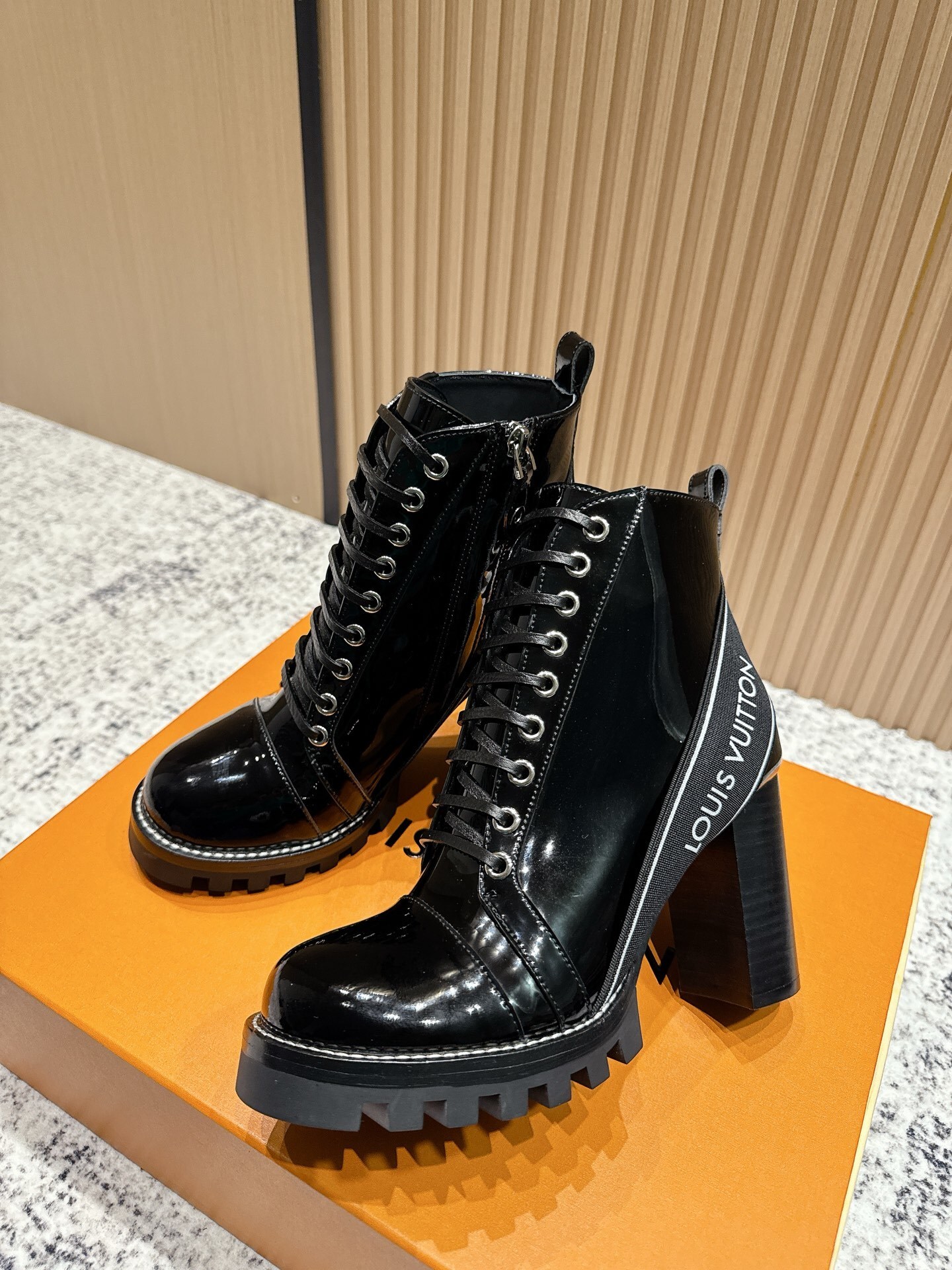 Louis Vuitton Black Patent Leather Lace-Up High Heel Boots